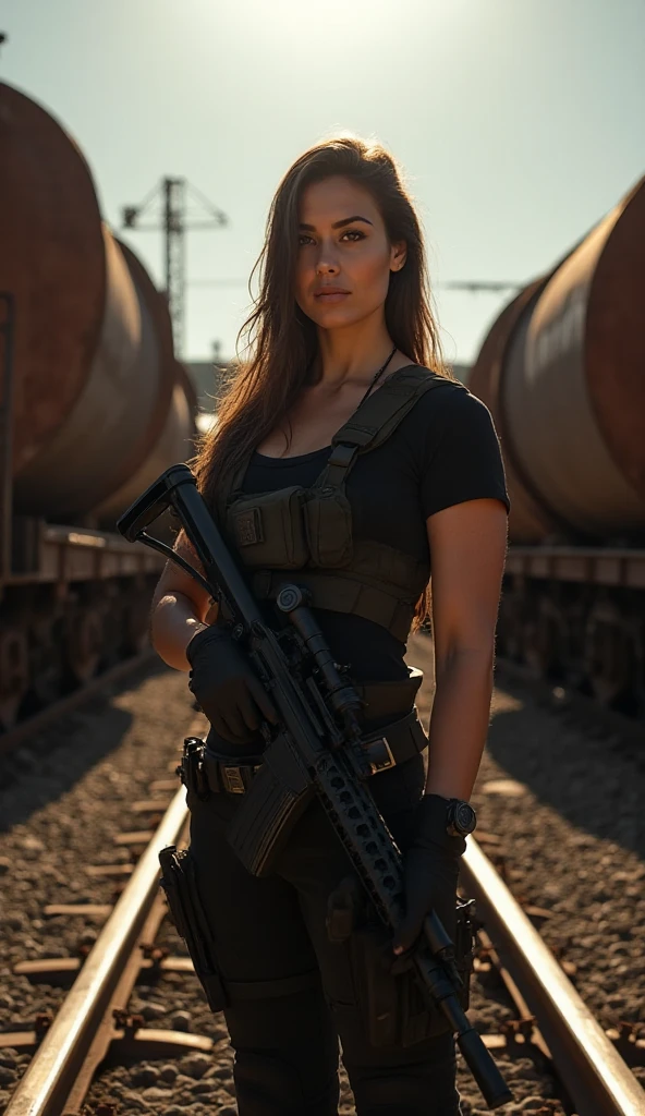 1girl in, 30 years old, Square face, Long hair, Looking at viewer, jewelry, Realistic, , military combat outfit, military weapon background tank-plane-cannon-gun, pose for everyone full body