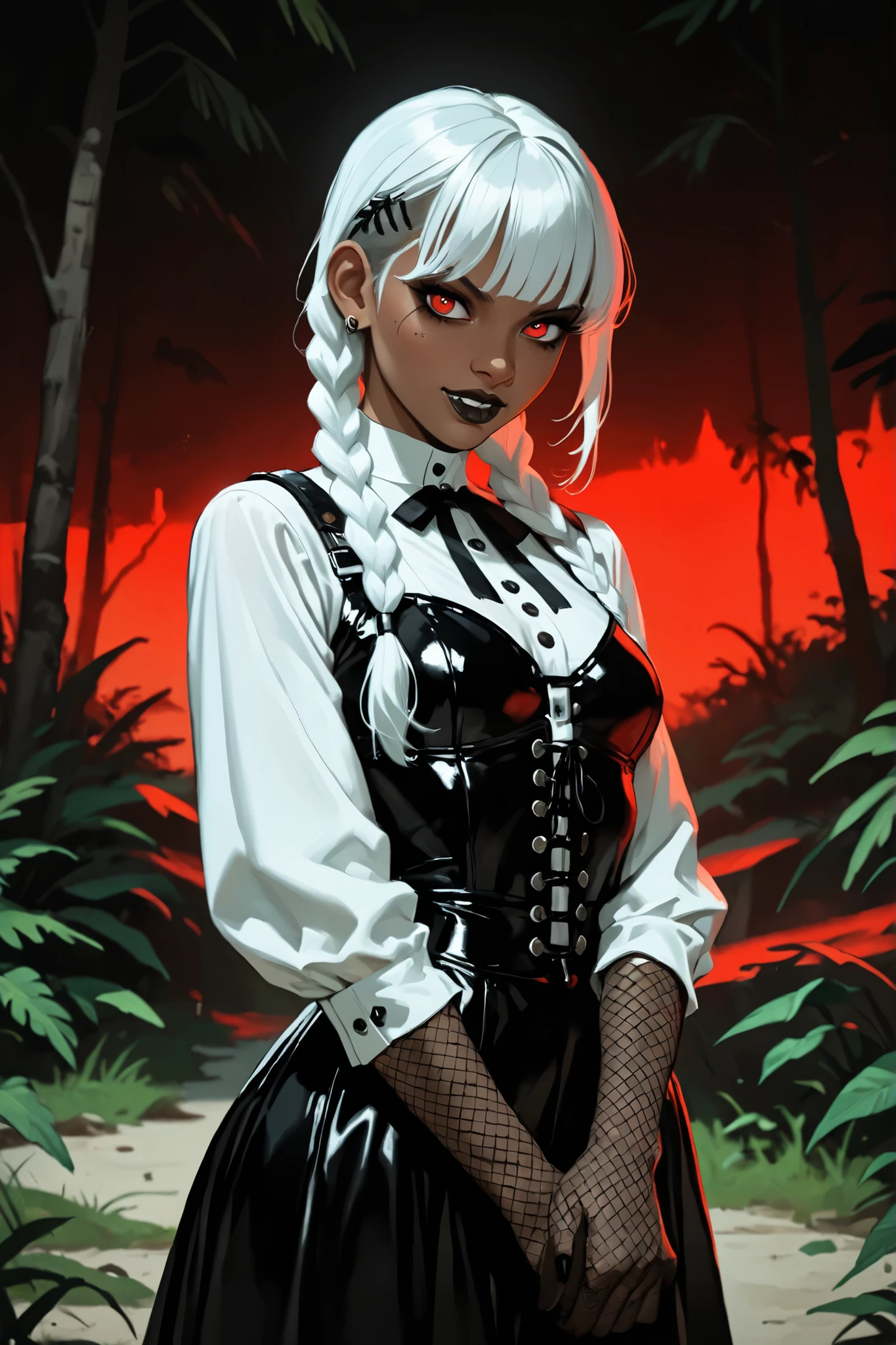 Drawn like the artist Bob Kehl. Phaedra from Fortnite with white and dark hair, deep red-coloured eyes, slanted eyes, dark olive skin, with sharp teeth, athletic body and abs. Slender and athletic. Cute, round and young face. White highlights in her hair. She wears Aztec black snake-leather dress with snakeskin-texture. She also wears an amber necklace. She has small breasts. Atmospheric lighting. She looks like Wednesday Adams. Box-art. DnD-art-style, Looking at the viewer. Oil painting. Sepia filter. Less colour. Semi-realistic style.