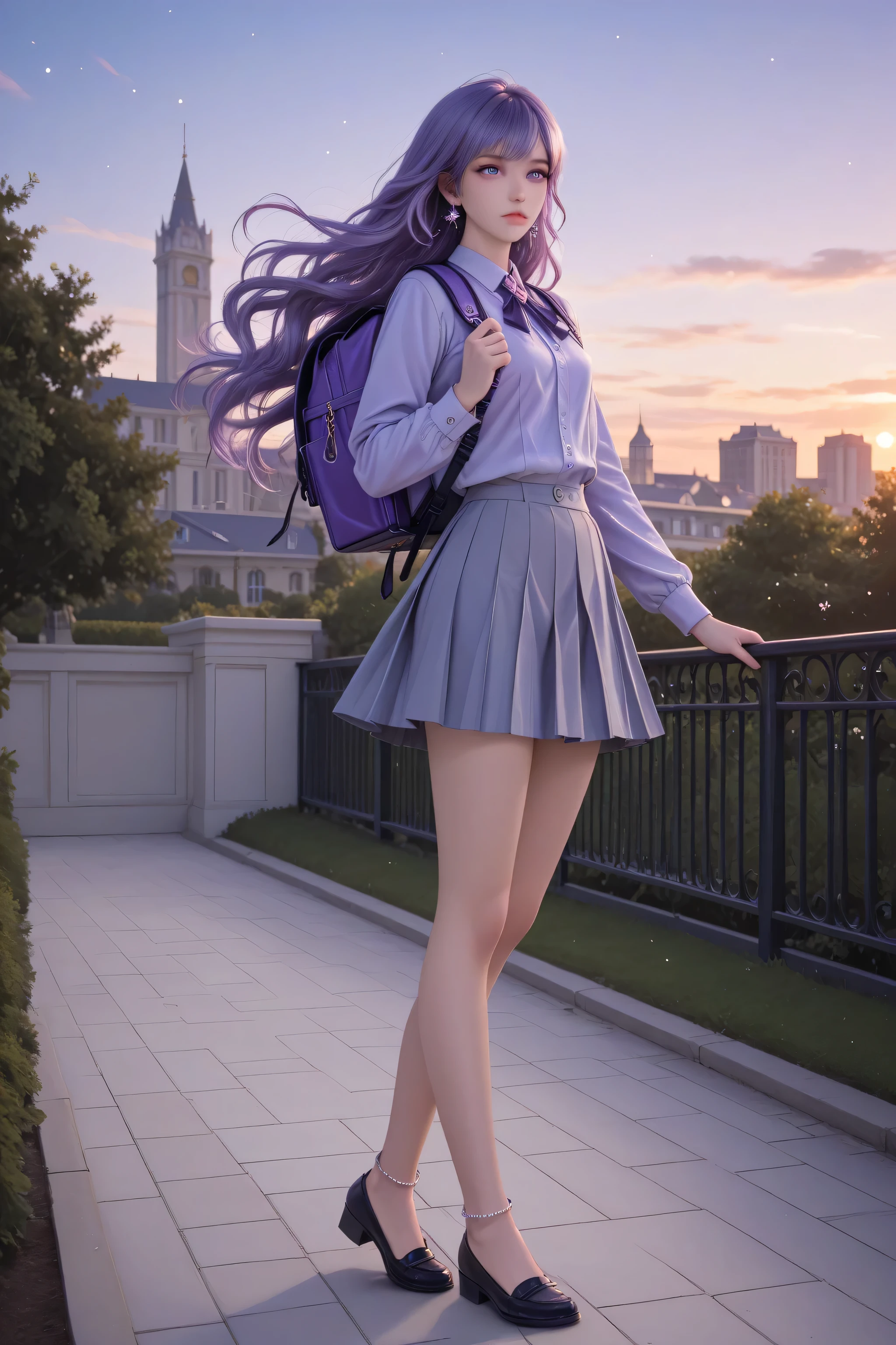 The image depicts a highly detailed and fantastical female character with striking features in the school yard. She has long, flowing hair. The school girl wearing a grey and violet uniform, medium-sized violet backpack, sparkling gemstone earrings, a silver anklet, pensive look, high_fashion, earrings, jewelry, luxury buildings, outdoor school yard, evening, lazypos, SmoothNoob_Quality, Smooth Quality, masterpiece, high_quality, highres, sharp_focus, detailed_eyes, 1girl, dynamic, light_particles, cute girl, pretty face.