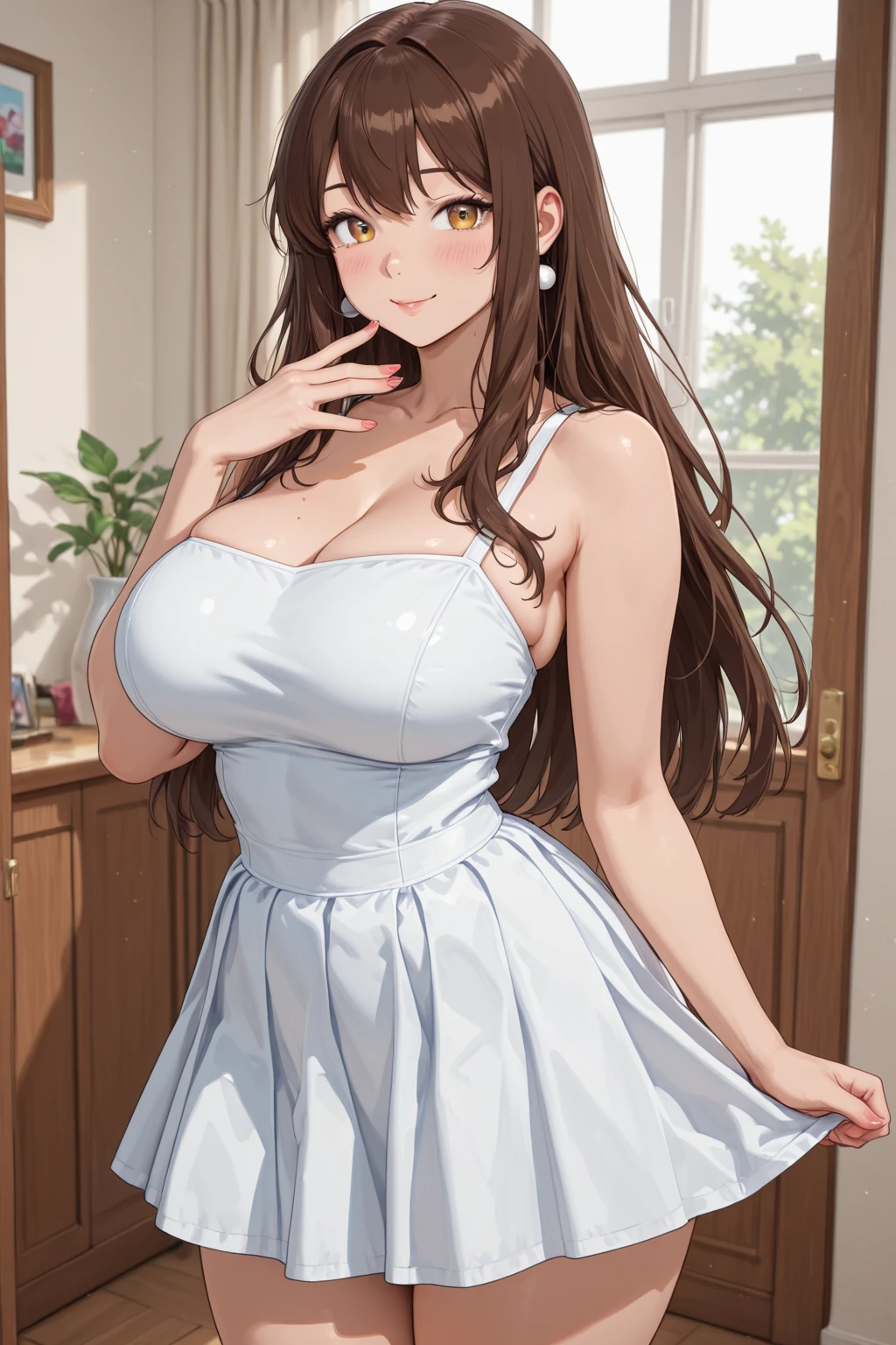 (High quality, High resolution, Fine details), white dress, Old private house, ancient, sunlight filtering through cracks, serene expression, graceful pose, gentle breeze, ethereal atmosphere, dreamlike, soft color palette, warm golden tones, soft lighting, delicate lace details on the dress, flowing fabric, surreal, melancholic beauty, mysterious, timeless scene, sense of nostalgia, quiet solitude, solo, curvy women, light brown hair, sparkling eyes, (Detailed eyes:1.2), smile, blush, Sweat, Oily skin, shallow depth of field