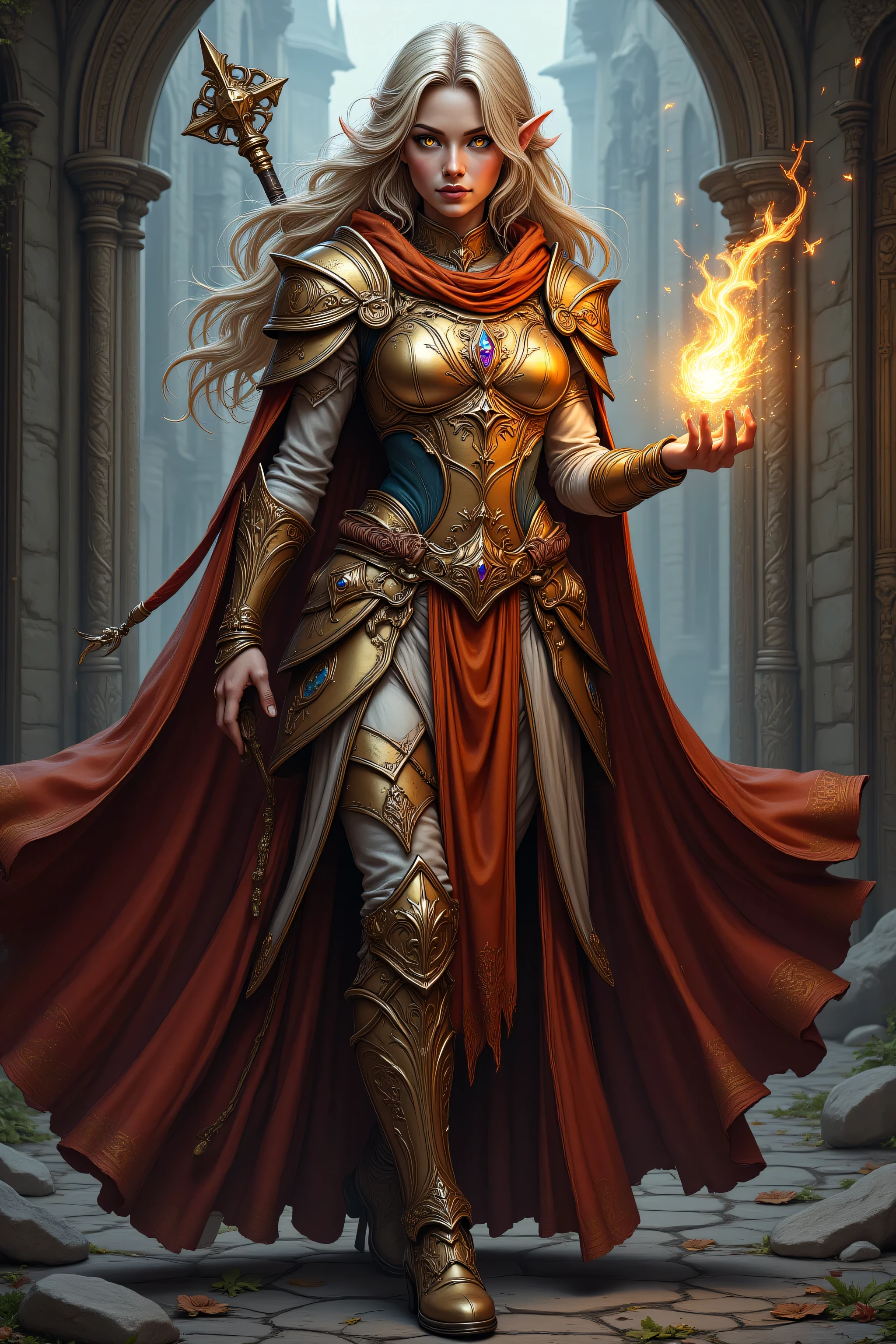 ,zavy-ctcmcs,w1n,hyp3rd3tail style,aidmamj6.1,a picture of a female elf (intense details, Masterpiece, best quality) fantasy cleric, fantasy celestial guardian, armed with a holy symbol, shinning holy symbol, metallic shine, an ultra wide shot, full body (intense details, Masterpiece, best quality)epic beautiful woman, blond hair with red streaks,  rich hair, glowing eyes, action shot, colorful magical sigils in the air, colorful divine markings floating,  holding a holy symbol (intricate details, Masterpiece, best quality), fantasy urban street (intense details, Masterpiece, best quality),  multi colored cloak cloak, long cloak, orange armor, sense of daring, sense of adventure,  high details, best quality, 16k, [ultra detailed], masterpiece, best quality, (extremely detailed), dynamic angle, ultra wide shot, photorealistic, RAW, fantasy art, dnd art,fantasy art, realistic art,