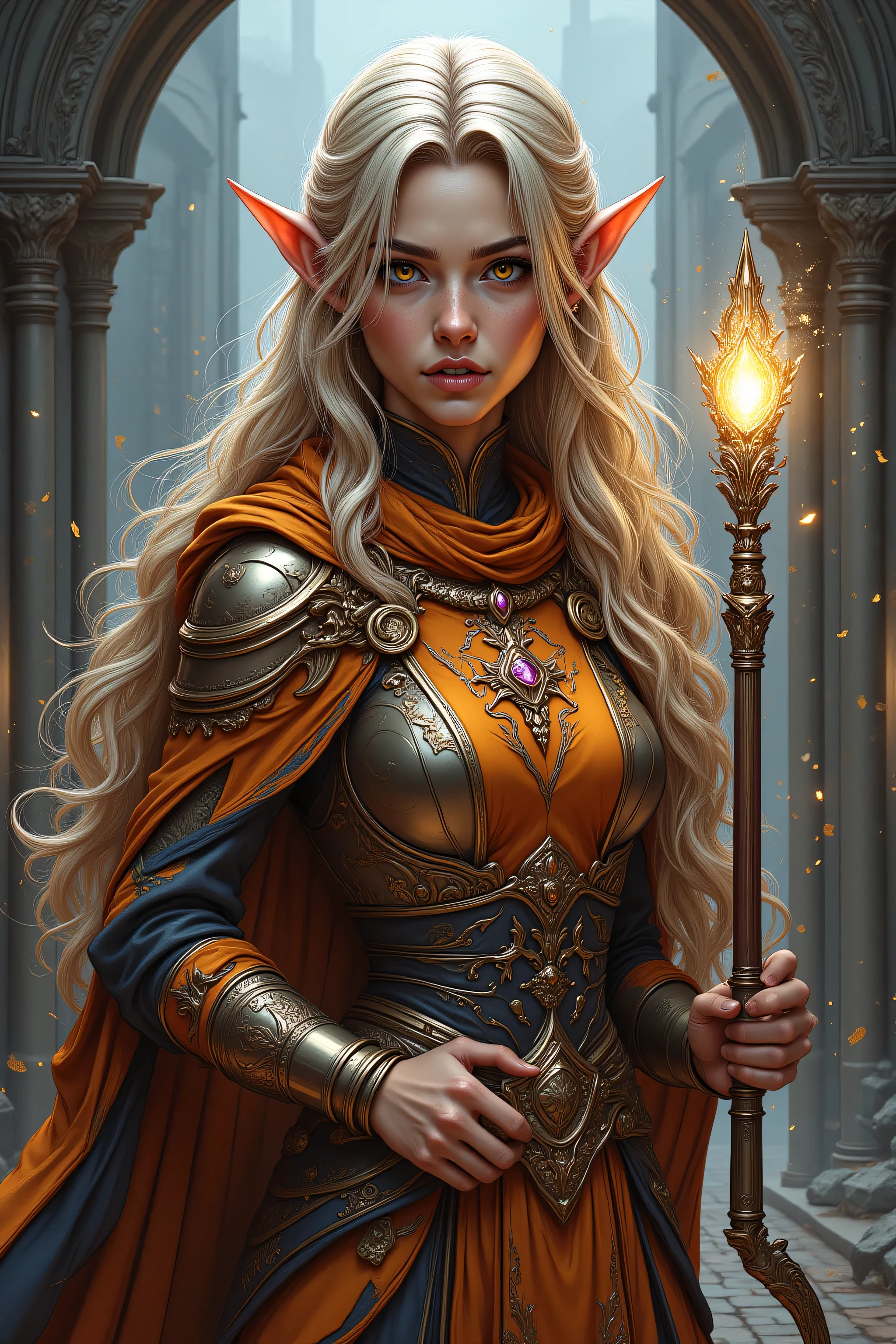 ,zavy-ctcmcs,w1n,hyp3rd3tail style,aidmamj6.1,a picture of a female elf (intense details, Masterpiece, best quality) fantasy cleric, fantasy celestial guardian, armed with a holy symbol, shinning holy symbol, metallic shine, an ultra wide shot, full body (intense details, Masterpiece, best quality)epic beautiful woman, blond hair with red streaks,  rich hair, glowing eyes, action shot, colorful magical sigils in the air, colorful divine markings floating,  holding a holy symbol (intricate details, Masterpiece, best quality), fantasy urban street (intense details, Masterpiece, best quality),  multi colored cloak cloak, long cloak, orange armor, sense of daring, sense of adventure,  high details, best quality, 16k, [ultra detailed], masterpiece, best quality, (extremely detailed), dynamic angle, ultra wide shot, photorealistic, RAW, fantasy art, dnd art,fantasy art, realistic art,