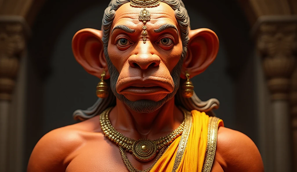 Generate an animated image of a devotee bowing before Lord Hanuman ji,and keep the idol of Hanuman ji very big as compared to devotee