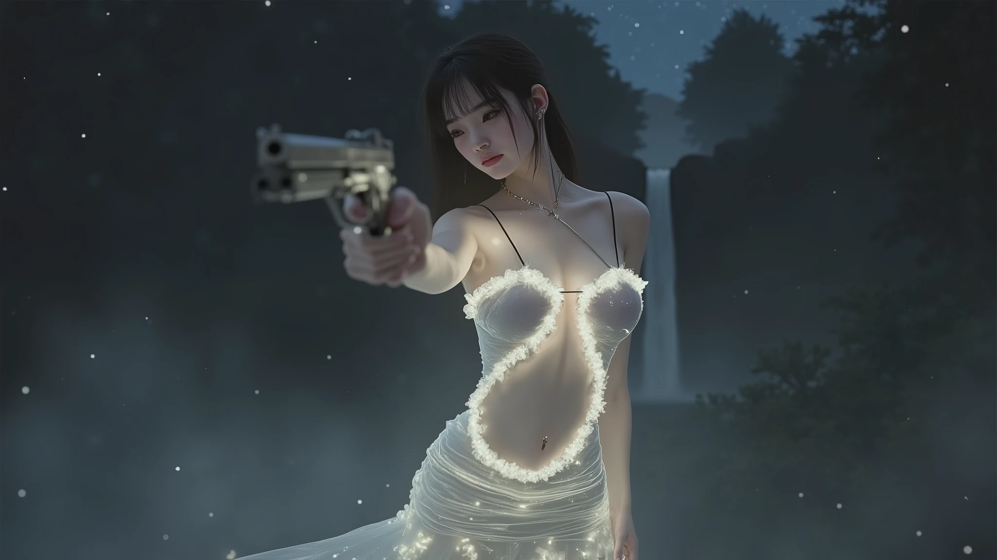 (((aerial view))), a  19-year-old woman in the mid-ground:0.4, under the beautiful starry sky, divine atmosphere, dark forest with waterfall at night, foggy, large-breast:1.2, (((side boob))), transparent:0.1 short:0.1 white shift dress, layered petals, neural glow, glowing net pattern, dreamcore, ethereal beauty, slim:0.6 body, cold face, slim face, (((((aiming viewer with pistol))))), (((G-string micro ))). background portrait, darken background.