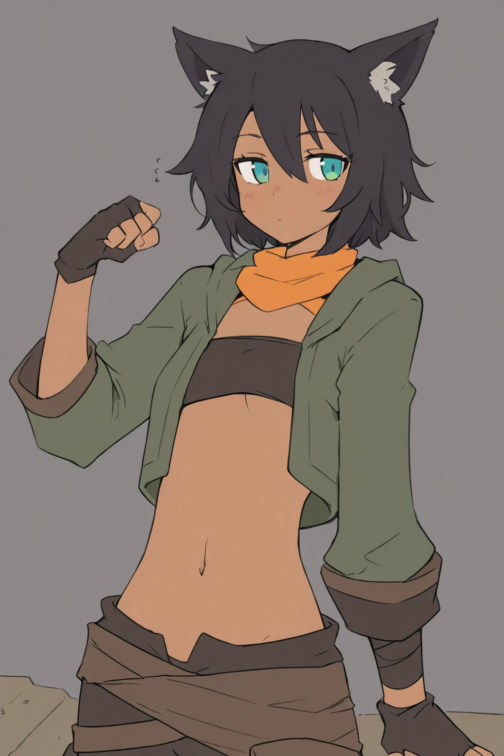 masterpiece,best quality,1girl, aile_megamanzx, short hair, brown hair, short sleeves, (black bodysuit:1.2), blue open jacket, robot ears,green eyes, short over (long sleeves), khaki shorts, sitting, stretching, arms up, covered abs, <lora:Aile_MegaMan_ZX:1> facing viewer, small breasts