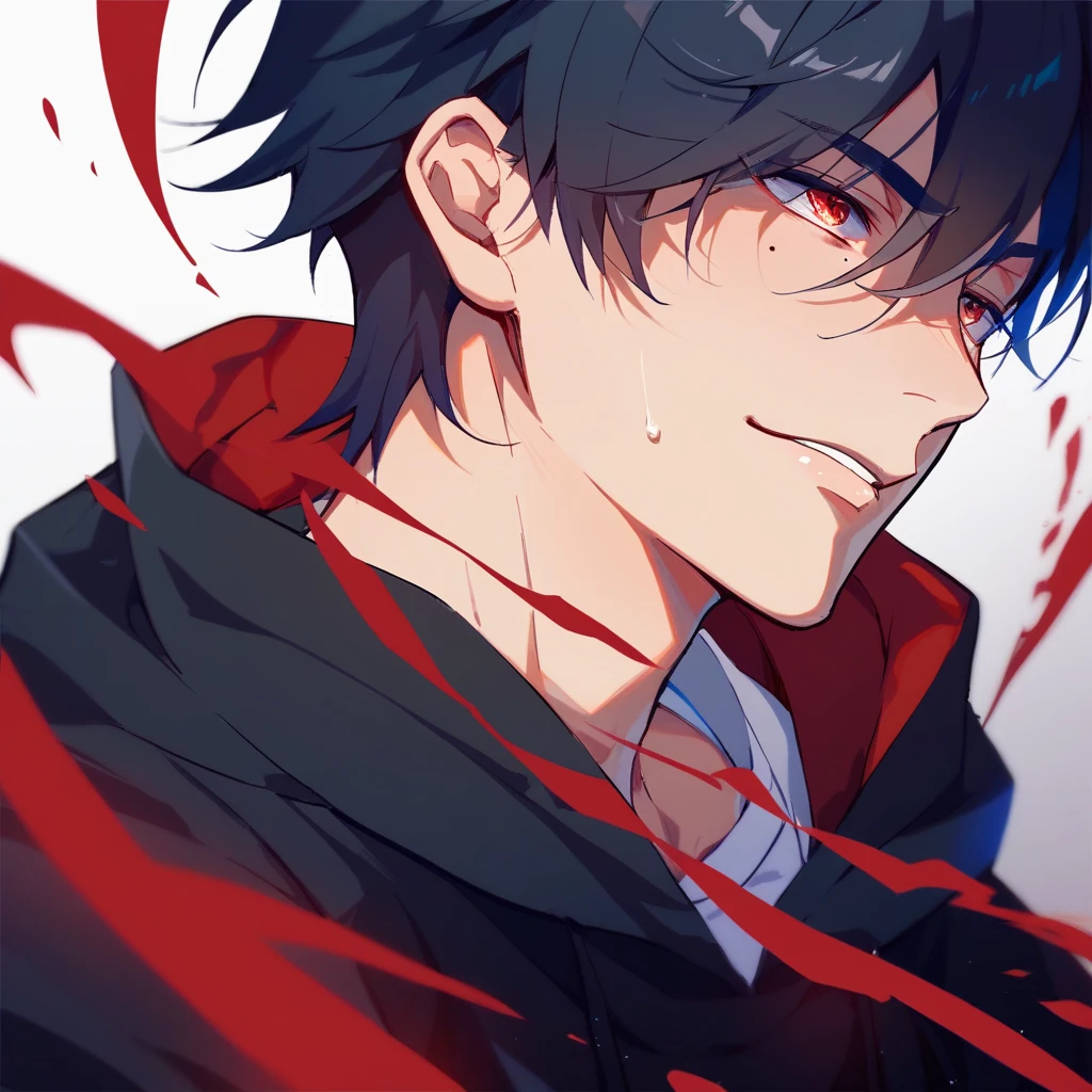 [(WHITE BACKGROUND:1.5),::5], ((((masterpiece)))), high quality, ultra very high resolution, full color, (((solo))), ((little boy)), black hair, ((red streaked hair)), blue eyes, anime, ((upper body)), neon light, black parka, (flame effect:1.2), (blood effect:1.6)