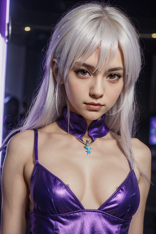 top purple bikini and white bodystocking,realistic,(shiny skin), 1girl, bare shoulders, , bracelet,, circlet, , dress, earrings,big breast, blue eyes, jewelry,black collar, long hair, looking at viewer, , solo,(masterpiece),(best quality)<lora:baiYiPathToNowhere_v15:0.6> , baiyi,(huge breasts),red lips,smile,ponytail,realistic,katana <lora:mikuya_v15:0.6>