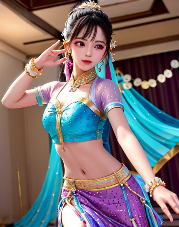 (Highest quality、 8k 、masterpiece、High resolution)、Full Body Shot、15 year old girl、Idol、Cute smile、Pretty lips、Adorable eyes、Dancing with a smile、Outdoor Stage、AKB48 Costumes、Realistic、Official Art、Detailed CG、Professional Lighting、Professional photographer、