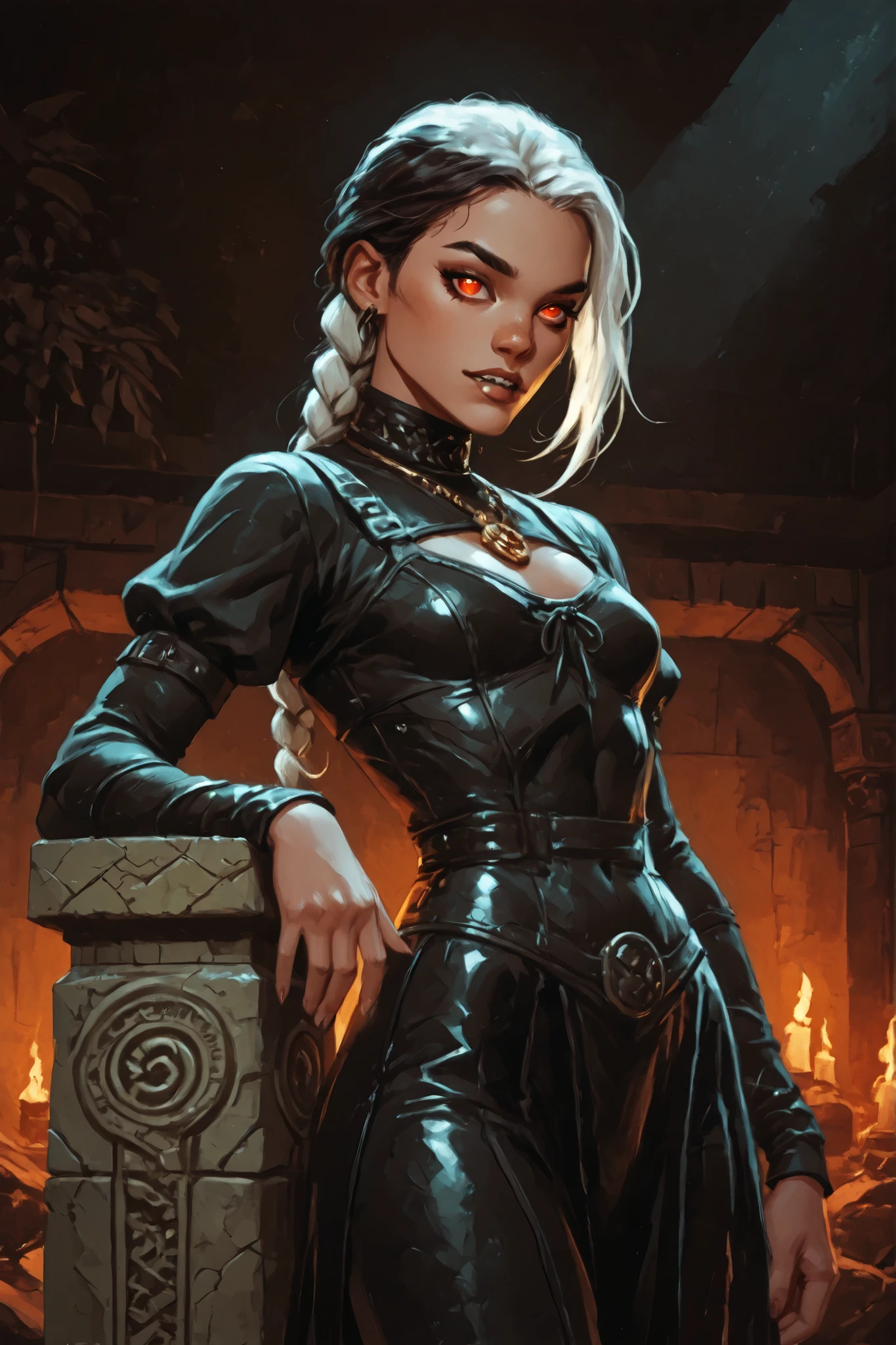 Drawn like the artist Bob Kehl. Phaedra from Fortnite with white and dark hair, deep red-coloured eyes, slanted big eyes, with sharp teeth, athletic body and abs. Slender and athletic. Cute, round and young face. White highlights in her hair. She wears Aztec black snake-leather dress with snakeskin-texture. She also wears an amber necklace. She has small . Atmospheric lighting. She looks like Wednesday Adams. Box-art. DnD-art-style, Looking at the viewer. Oil painting. Sepia filter. Less colour. Semi-realistic style.