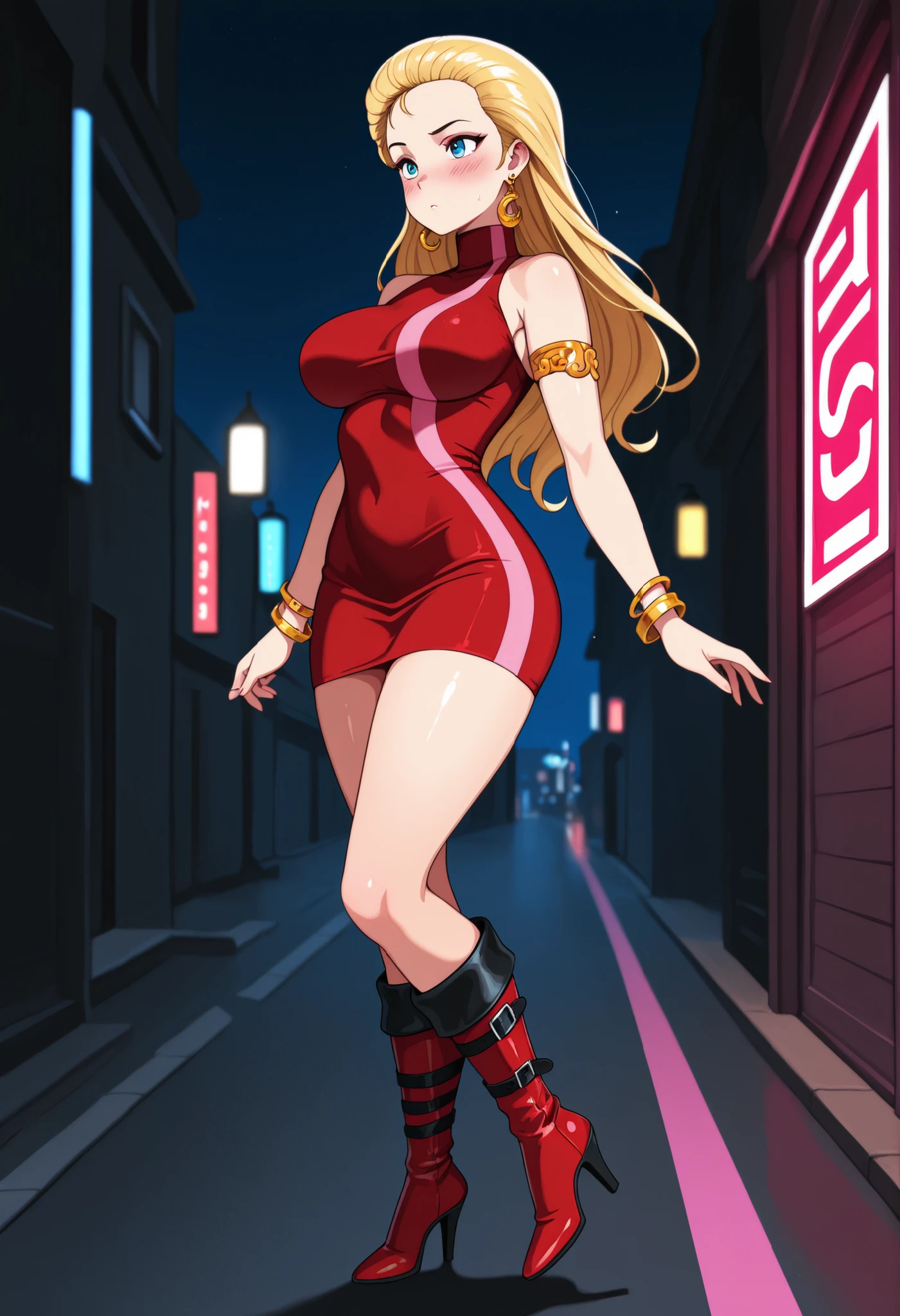 1girl, solo, night street, large breasts, blush, bdc0n, blonde hair, hair slicked back, long hair, blue eyes, earrings, turtleneck dress, red dress, pink stripe, sleeveless, armlet, bangle, short dress, knee boots, high heel boots, red footwear, masterpiece, best quality, amazing quality
