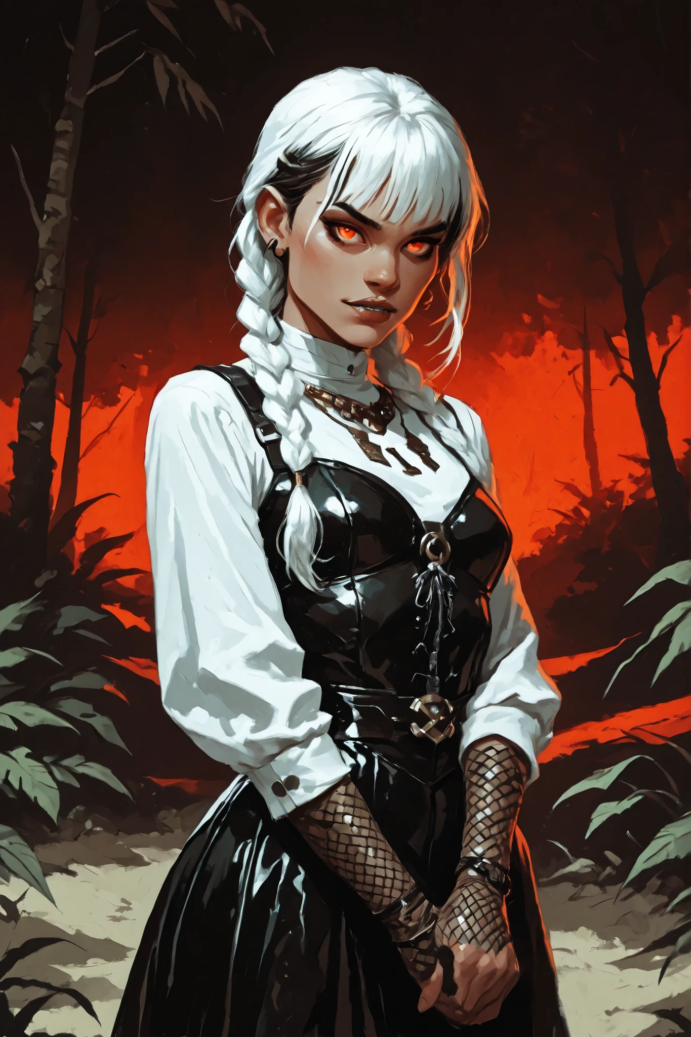 Drawn like the artist Bob Kehl. Phaedra from Fortnite with white and dark hair, deep red-coloured eyes, slanted big eyes, with sharp teeth, athletic body and abs. Slender and athletic. Cute, round and young face. White highlights in her hair. She wears Aztec black snake-leather dress with snakeskin-texture. She also wears an amber necklace. She has small . Atmospheric lighting. She looks like Wednesday Adams. Box-art. DnD-art-style, Looking at the viewer. Oil painting. Sepia filter. Less colour. Semi-realistic style.