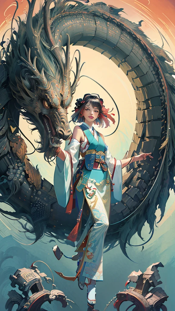 Official Art, Unified 8K Wallpapers, Ultra Detailed, Beautiful and Aesthetic, Masterpiece, Best Quality, (Zentangle, Tangle, Entangle), (fractal art: 1.4), (character center: 1.3), 1girl, black hair, Chinese, off-the-shoulders, short skirt, calf, navel, very detailed, dynamic angle, cowboyshot, (most beautiful form of chaos), ethereal, (bright colors), oc, (half: 1.2), china, (thangka flying sky: 1.5), (ribbon: 1.3), (dream: 1.5), (hanfu: 1.5), Chinese dragon, Chinese phoenix, (smile: 0.5), ( Chinese deities),