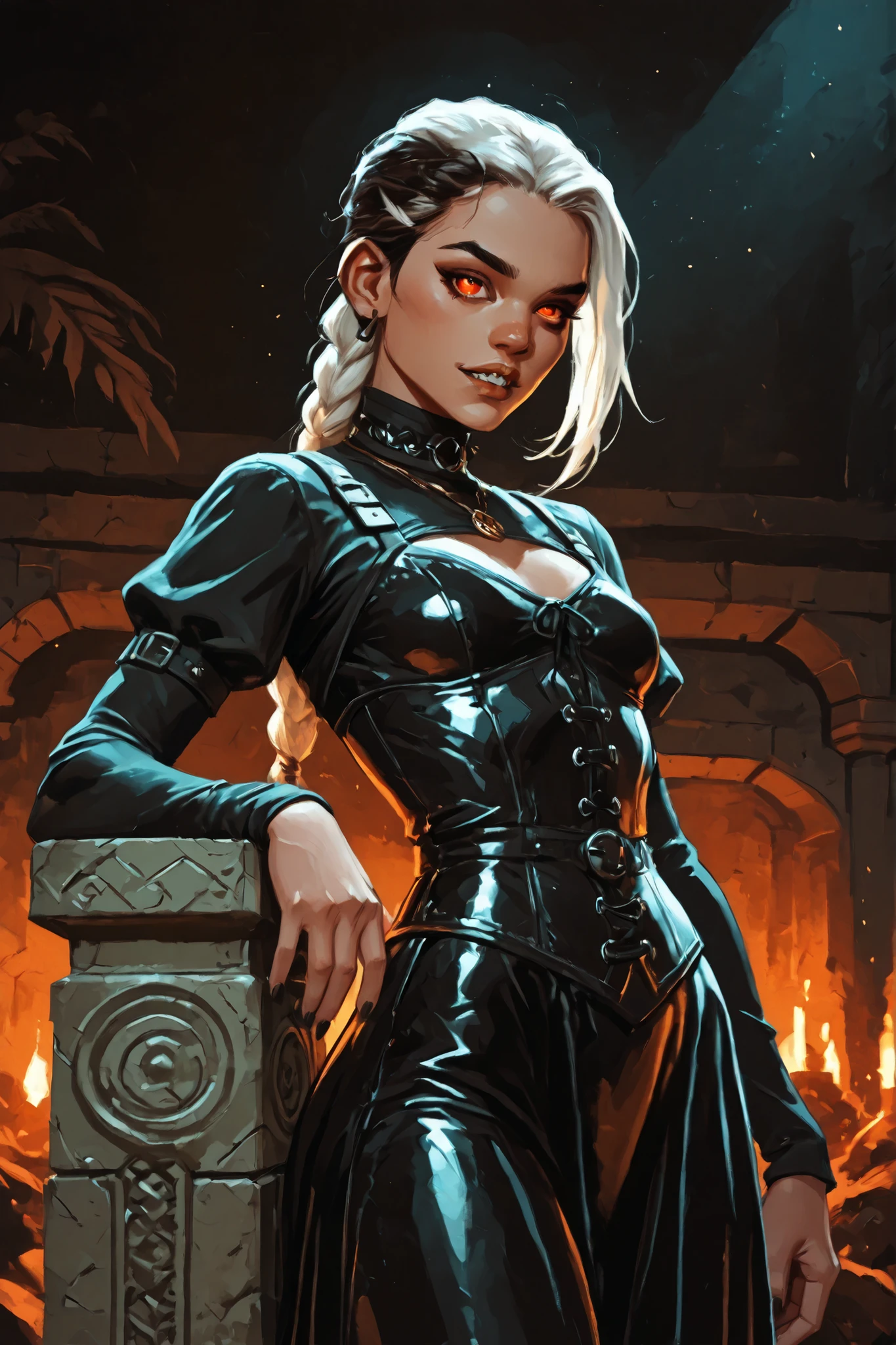 Drawn like the artist Bob Kehl. Phaedra from Fortnite with white and dark hair, deep red-coloured eyes, slanted big eyes, with sharp teeth, athletic body and abs. Slender and athletic. Cute, round and young face. White highlights in her hair. She wears Aztec black snake-leather dress with snakeskin-texture. She also wears an amber necklace. She has small . Atmospheric lighting. She looks like Wednesday Adams. Box-art. DnD-art-style, Looking at the viewer. Oil painting. Sepia filter. Less colour. Semi-realistic style.