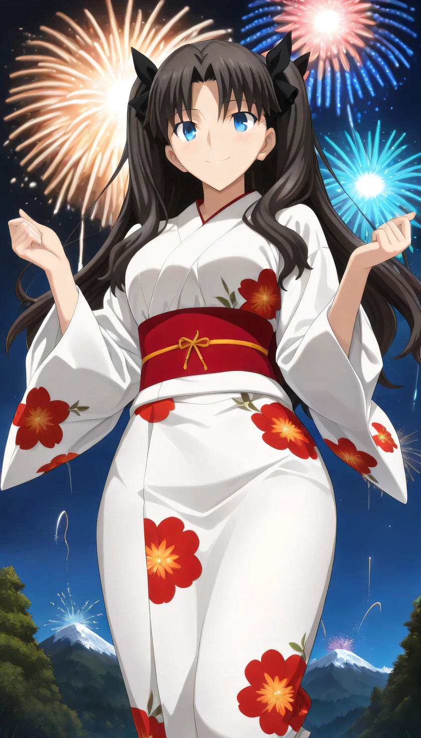 {{{masterpiece}}}, (best quality:1.5), (ultra-detailed:1.5), {illustration}, {{an extremely delicate and beautiful}}, (beautiful detailed eyes:1.6), absurdres, highres, extremely detailed face, 16k, hd, visual anime de uma jovem mulher, extremamente bonito rosto de anime, anime melhor garota, (perfect hands, perfect anatomy), anime face, Tohsaka Rin(Fate/stay night), 1girl, solo, cute face, black hair, long hair, two side up, parted bangs, black hair ribbon, square face, round chin, big eyes, aqua eyes, (High resolution eyes, Beautiful eyes, Light in the eyes), medium breasts, big hips, curvaceous, BREAK, jyojifuku, yukata, kimono, floral print, hair ornament, obi, wide sleeves, BREAK, cute face, smiling, standing on flower, peer in from below, outdoor, night, mountain, forest, (firework:1.5), large amount of fireworks, (cute gestures:1.2), mysterious, from side