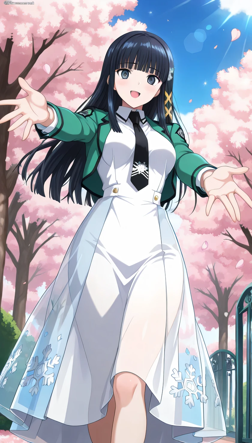 {{{masterpiece}}}, (best quality:1.5), (ultra-detailed:1.5), {illustration}, {{an extremely delicate and beautiful}}, (beautiful detailed eyes:1.6), absurdres, highres, extremely detailed face, 16k, hd, visual anime de uma jovem mulher, extremamente bonito rosto de anime, anime melhor garota, (perfect hands, perfect anatomy), (five fingers:1.1), anime face, Shiba Miyuki(The Irregular at Magic High School), 1girl, solo, cute face, siboshenxie, black hair, long hair, blunt bangs, sidelocks, snowflake hair ornament, yellow x hair ornament, black eyes, blue eyes, medium breasts, big hips, curvaceous, BREAK, {school uniform}, MiyukiSchool, green cropped jacket, green long sleeves, (open jacket:1.2), white dress, long dress, see-through dress, collared shirt, white collared shirt long dress, black X necktie, translucent shimmering overlay, print dress, blue dress, snowflake print, BREAK, school yard, smile, outdoors, tree, falling petals, cherry blossoms, daytime, In front of the school gate, outstretched arms, open mouth, under the sunlight , from below, sky