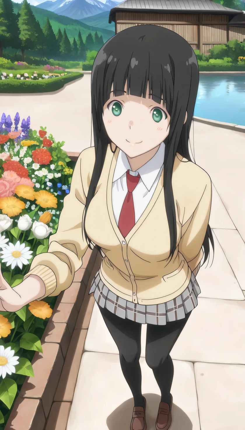 {{{masterpiece}}}, (best quality:1.5), (ultra-detailed:1.5), {illustration}, {{an extremely delicate and beautiful}}, (beautiful detailed eyes:1.6), absurdres, highres, extremely detailed face, 16k, hd, visual anime de uma jovem mulher, extremamente bonito rosto de anime, anime melhor garota, (perfect hands, perfect anatomy), anime face, Kowata Makoto(Flying witch), kowata_makoto, 1girl, solo, cute face, long hair, black hair, blunt bangs, bang, sidelocks, green eyes, medium breasts, big hips, curvaceous, BREAK, {school uniform}, (yellow cardigan:1.2), white shirt, (red necktie:1.2), plaid skirt, grey skirt, microskirt, pleated skirt, (black pantyhose:1.2), loafers, BREAK, cute face, smiling, standing on the lake, from above, outdoor, mountain, forest, flower garden, (cute gestures:1.2), mysterious