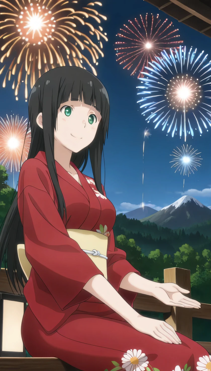 {{{masterpiece}}}, (best quality:1.5), (ultra-detailed:1.5), {illustration}, {{an extremely delicate and beautiful}}, (beautiful detailed eyes:1.6), absurdres, highres, extremely detailed face, 16k, hd, visual anime de uma jovem mulher, extremamente bonito rosto de anime, anime melhor garota, (perfect hands, perfect anatomy), anime face, Kowata Makoto(Flying witch), kowata_makoto, 1girl, solo, cute face, long hair, black hair, blunt bangs, bang, sidelocks, green eyes, medium breasts, big hips, curvaceous, BREAK, yukata, obi, wide sleeves, long hem, BREAK, cute face, smiling, sit, peer in from below, outdoor, night, mountain, forest, (firework:1.5), large amount of fireworks, (cute gestures:1.2), mysterious, from side