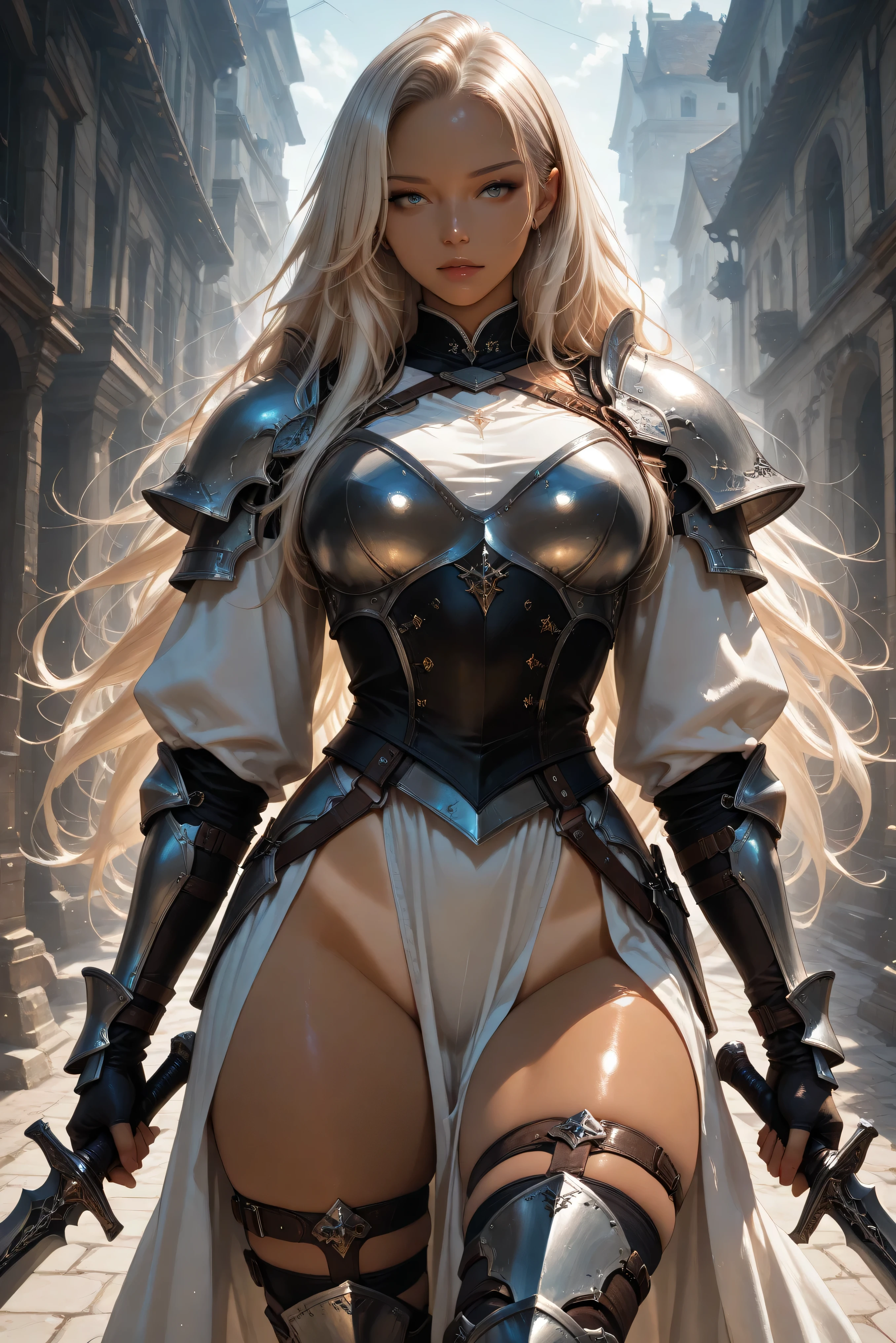 1girl, warrior wearing fantasy armor, wielding long lance and short sword,     { score_9, masterpiece, best quality, absurd resolution }, platinum blonde long hair, tan line skin
