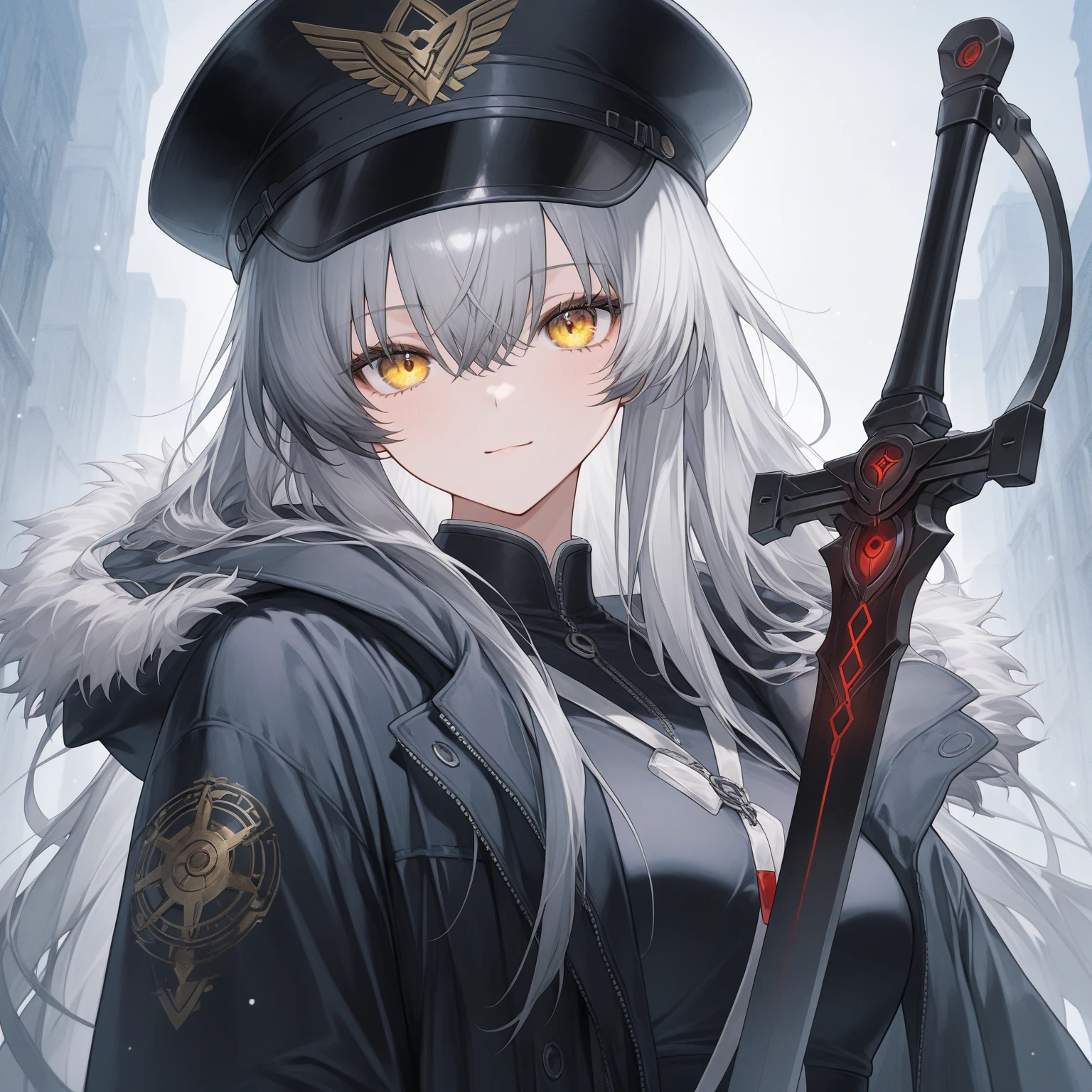 Gun on shoulder、(masterpiece, best quality:1.2), 1girl, 独奏,Black military uniform、Looking through the scope、Point your gun at us、Grey long hair、Ahoge、Yellow Eyes、Ready your gun?、sniper rifle、Background of military bases、Fisheye Lens、battlefield、Shadows of light and darkness、Expressionless、Grim face、anger、battle、A black hoodie over a grey trench coat、