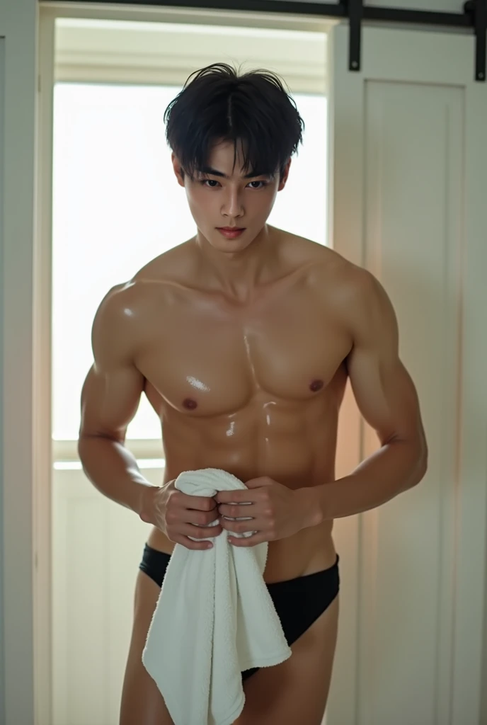 ((masterpiece)),((bestquality)),8k,high detailed,ultra-detailed,depth of field,wide angle,1boy,handsome_face,male focus,solo,beautiful_hand,Random_Expression,Stylish_Pose,cinematic shot,cinematic lighting,watch to the viewer,straight hair,Unmatched Details,Short_hair,Black_hair,(Only a boy in the picture:1.3),The Art of Action,Artist,(topless male:1.4),