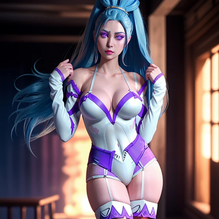 masterpiece, best quality, absurdres, illustration, 8k, perfect shadows,perfect lighting,hdr, ambient lighting,realistic, ultra-realistic, full body shot, Photo realistic,(hyperrealistic:1)textured skin,shiny skin,skindentation, beautiful body, (blush:1.2)milf,mature woman, 1girl, solo, long hair, high ponytail, blue hair, purple eyes, large breasts, collarbone, cleavage, (wearing leotard, detached sleeves, navel cutout, garter straps) (large breasts,hourglass body, thin waist,very slim waist)extremely detailed face,detailed eye makeup, detail face, nice detailed eyes,nice hands, perfect hands <lora:amazon_pandora_v1:.70> <lora:beautifulDetailedEyes_v10:0.50> (realistic pupils,realistic iris:1) heavy eye makeup<lora:add_detail:.50> <lyco:GoodHands-beta2:.90><lora:Aesthetic-Portrait-V2:.50> skinny waist,thin waist,standing,arms stretched (spread legs:1.2), leg support, <lora:ryanreos-lora-v1-32dim-3ep-naivae:.20>
