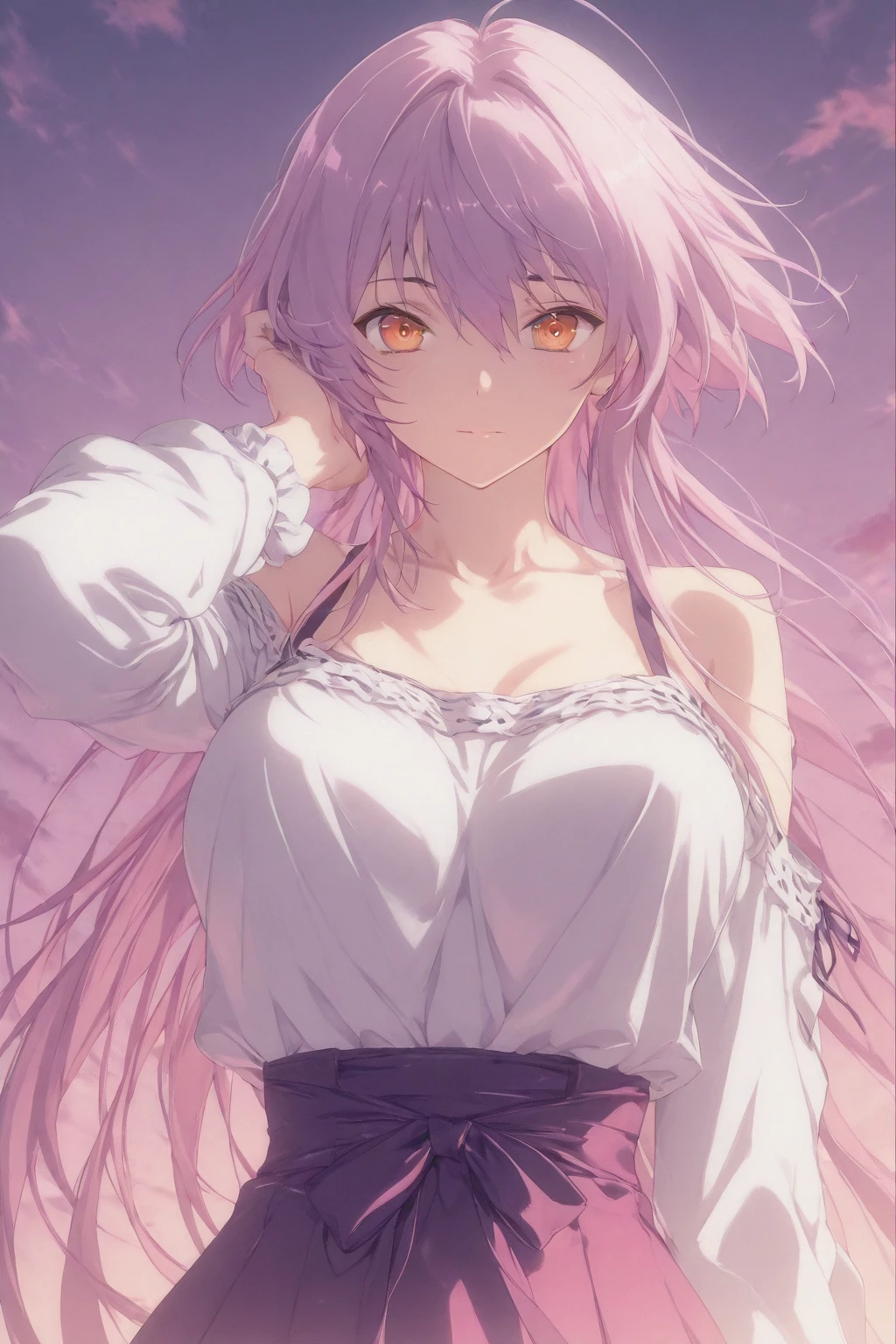 (best quality, highres), blue archive misono mika, completely , , large breasts, detailed , detailed , long flowing hair, , no ,  body, slender figure, anime art style, soft lighting, beautiful color palette, live wallpapers,2160p