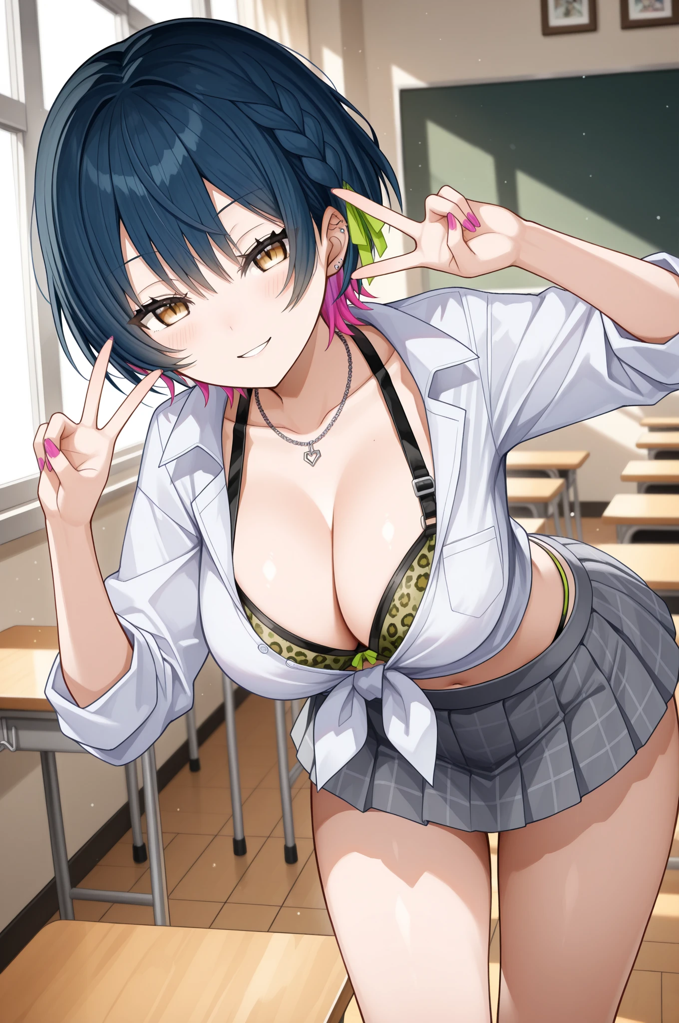 (,Cleavage:1.5),Anna Yamada,,smile、(:1.9)、(Are standing)、(in library room)、Bookshelf、(Wearing a collar:1.5)、Earrings、Earrings、bracelet,(Delicate facial features:1.5)、(masterpiece, Highest quality, High resolution, Super detailed, 8K, 4K),(Making a peace sign:1.9),split ponytail,(Beautiful Face:1.5),Is 、Sweat,navel piercing,(Steam coming out of the sides:1.5),(:1.5),Absurd、Highest quality, (Volupture:1.5)、Open your mouth、((Upper body close-up)),heart-shaped pupils, light smile, sparkle