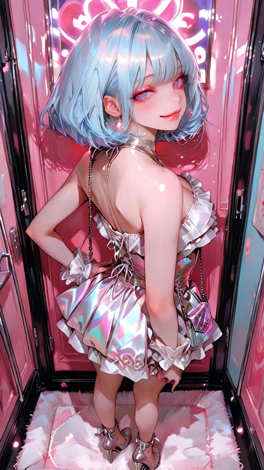 (masterpiece,best quality,ultra_detailed,highres,absurdres:1.4),a girl with pink transparent wet PVC nurse clothing,and nurse cap,solo,transparent color vinyl clothing, prismatic, holographic, chromatic aberration,highleg_swimsuit, sexy,azure hair,simple_background,