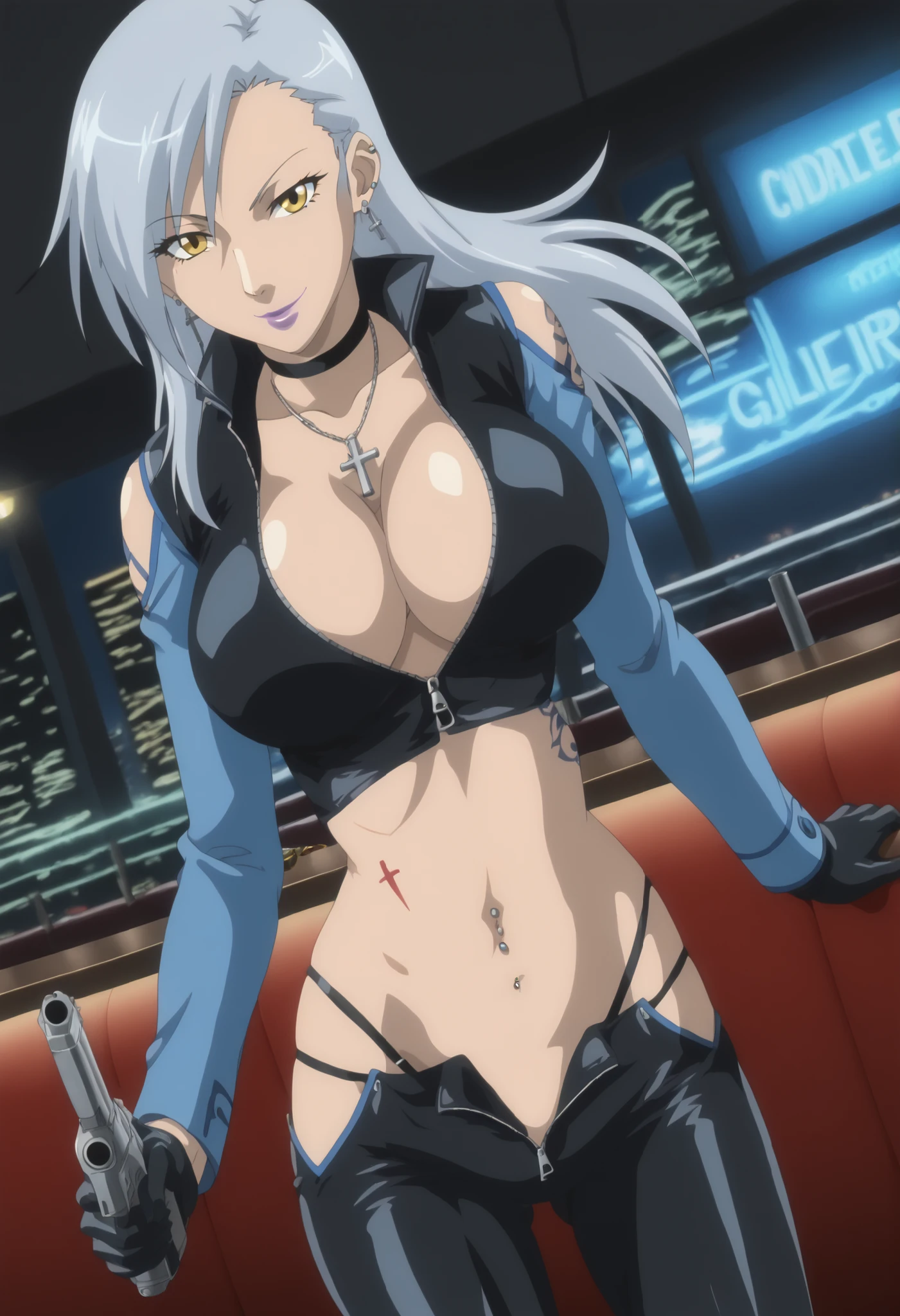 score_9, best, masterpiece, uncensored, handfixer,
1girl, solo, 
(BBNTCrowleysGuardSilver:1.2), , , black tabard with blue trim and blue long sleeves with black trim on cuffs, distinct black leather pants with blue trim, black gloves, , purple lipstick,
nail polish, ear piercing, long hair, , lipstick, Hot girl, baddie,, sensual, attractive ,choker , cross necklace, masterpiece, best quality, highly detailed, cross necklace, ,  zipper, navel cutout, exposed
navel, exposed bellybutton, open zipper,, cleavage, long sleeves, black gloves, smile, bar background, inside bar,indoors, cityscape, casino, nightclub, city lights,, () ,,,, holding a gun,
handgun, pistol, navel piercing ,medium large  ,looking at viewer , dragon tattoo on waist, narrowed eyes, tattoo on waist, anipai_style , anime screencap , anime coloring, v-shape eyebrows,, ​​​   