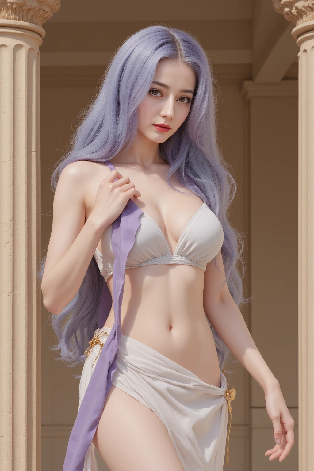 {an extremely delicate and beautiful girl}, 8k wallpaper, {{{masterpiece}}},1girl,, bangs, bikini, braid, choker, cleavage, ear piercing, earrings, green eyes, ((grey hair)), jacket, jewelry, katana, gigantic breasts, looking at viewer, open clothes, open jacket, parted lips, piercing, ponytail, ((purple bikini, sheath)), sheathed, smile, solo,baiyi,[[realistic]],(shiny skin),(masterpiece:1.4),(best quality:1.4),red lips,parted lips,unparalleled masterpiece, ultra realistic 8k CG, perfect artwork, ((perfect female figure)), white hair, red eyes, mature female, milf, narrow waist, chinese deity,sexy pose, alluring, clean, beautiful face,((mole under mouth)),((mole on breast)),fingerless gloves,stain glass, night