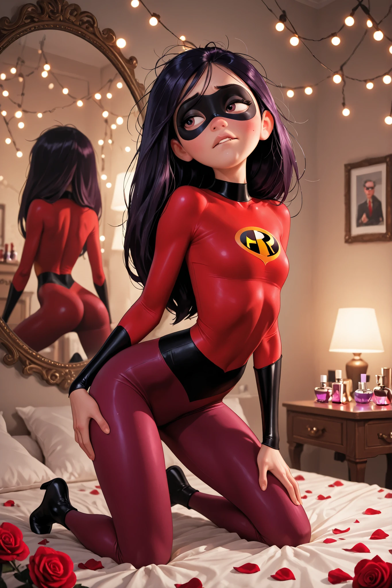 Masterpiece, highres, 4k, UHD, very detailed, (violet_parr), the_incredibles, beautiful, young girl, solo, ultra-detailed, athletic female, mask, purple red bodysuit, bedroom setting, kneeling on bed pose, suit slightly unzipped at collar, suggestive but modest, biting bottom lip playfully, bedroom eyes, one hand in messy hair, other hand on thigh, athletic figure highlighted by suit, arched back pose, soft ambient lighting, fairy lights in background, mirror reflection showing side profile, slight flush on cheeks, sultry expression, professional boudoir photography style, silk sheets, scattered rose petals, vanity table with perfume bottles visible, warm color grading, shallow depth of field, instagram aesthetic