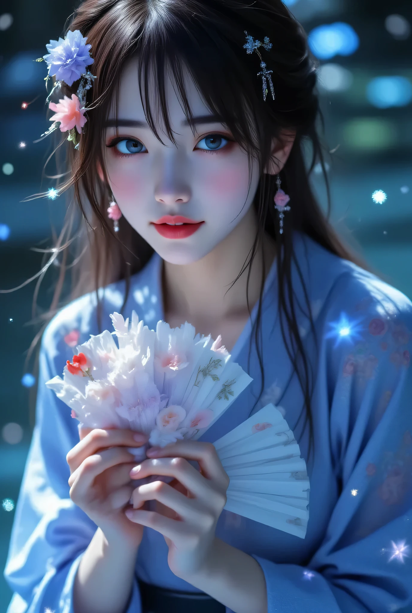 ((a woman wearing a yukata、Witches))、((The body is luminescent))、((a girl floating up)),Yu Shui Xian 、 1girl 、 (girl standing on water with colorful gaze) 、 solo 、 Barefoot 、 dress 、 squatting 、 hair ornaments 、 hug 、 see the viewer 、 gem 、 blue eyes、 holding a fans、Full Body、brown hair、long hair、chest、closed mouth、Highest Quality、masterpiece、超high resolution、((The body is luminescent))、((体が宙にa girl floating up)),((Highest Quality、masterpiece、high sensitivity、high resolution、detailed description、Delicate Facial Expression、Fvalue:6.0))、((slender woman))、advanced digital art、long legs、happy smile、((The body is luminescent))、((a girl floating up)),