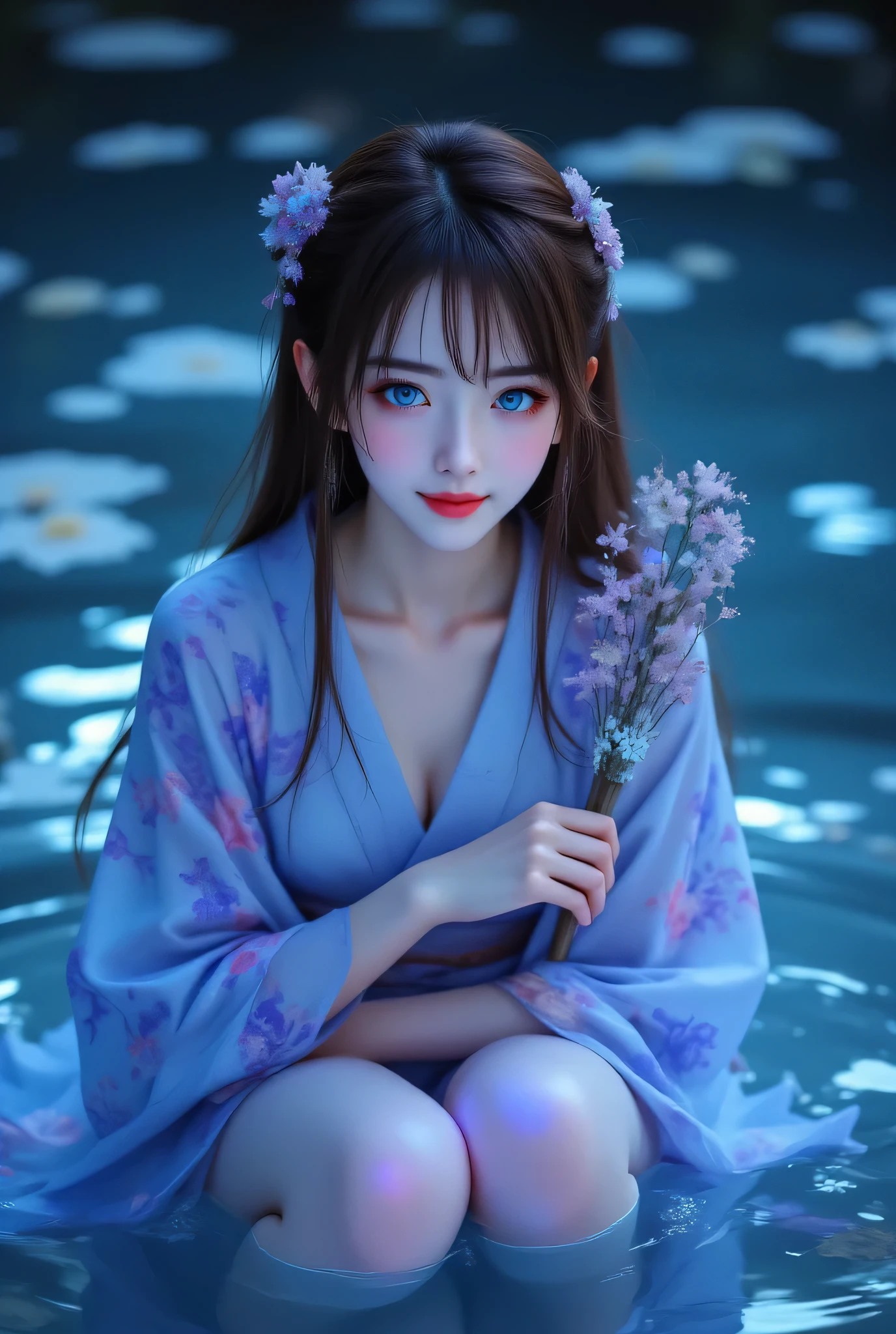 ((a woman wearing a yukata、Witches))、((The body is luminescent))、((a girl floating up)),Yu Shui Xian 、 1girl 、 (girl standing on water with colorful gaze) 、 solo 、 Barefoot 、 dress 、 squatting 、 hair ornaments 、 hug 、 see the viewer 、 gem 、 blue eyes、 holding a fans、Full Body、brown hair、long hair、chest、closed mouth、Highest Quality、masterpiece、超high resolution、((The body is luminescent))、((体が宙にa girl floating up)),((Highest Quality、masterpiece、high sensitivity、high resolution、detailed description、Delicate Facial Expression、Fvalue:6.0))、((slender woman))、advanced digital art、long legs、happy smile、((The body is luminescent))、((a girl floating up)),