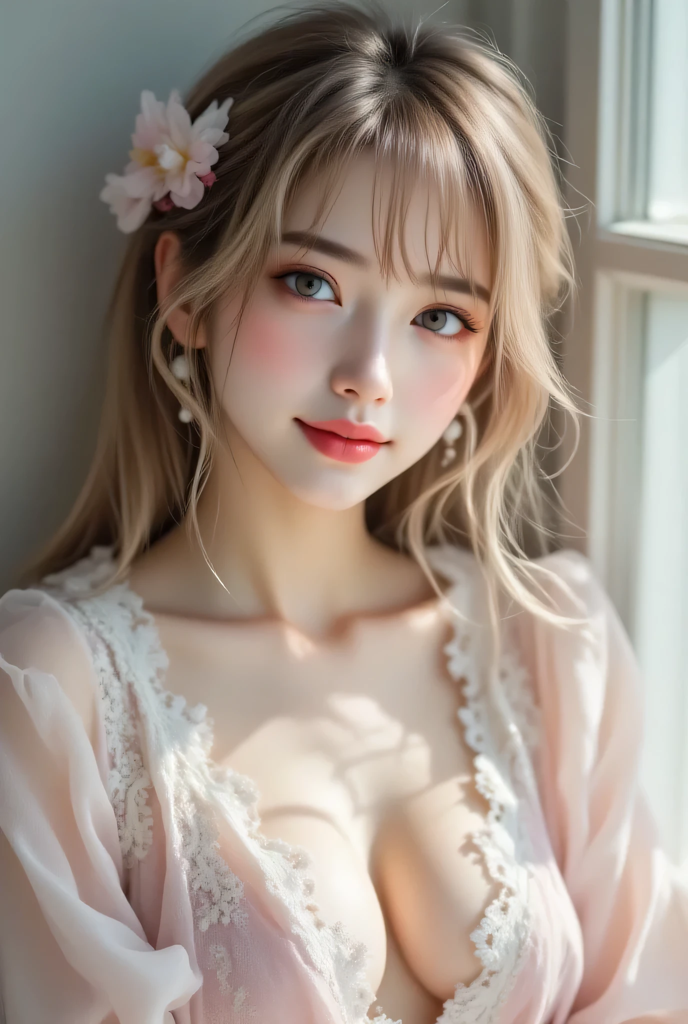((Highest Quality、masterpiece、high sensitivity、high resolution、detailed description、Delicate Facial Expression、Fvalue:6.0))、((slender woman))、advanced digital art、white lace blouse、Tulle Skirt、Put your laptop on your lap、long legs、pink dress with open chest、happy smile、