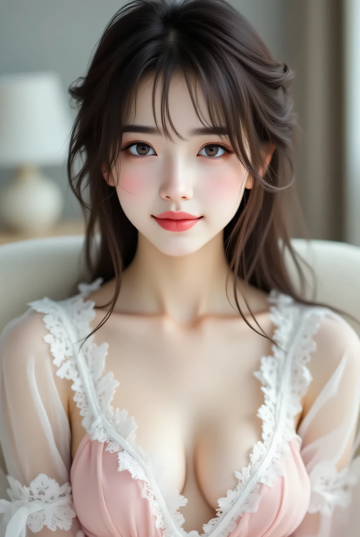 ((Highest Quality、masterpiece、high sensitivity、high resolution、detailed description、Delicate Facial Expression、Fvalue:6.0))、((slender woman))、advanced digital art、white lace blouse、Tulle Skirt、Put your laptop on your lap、long legs、pink dress with open chest、happy smile、