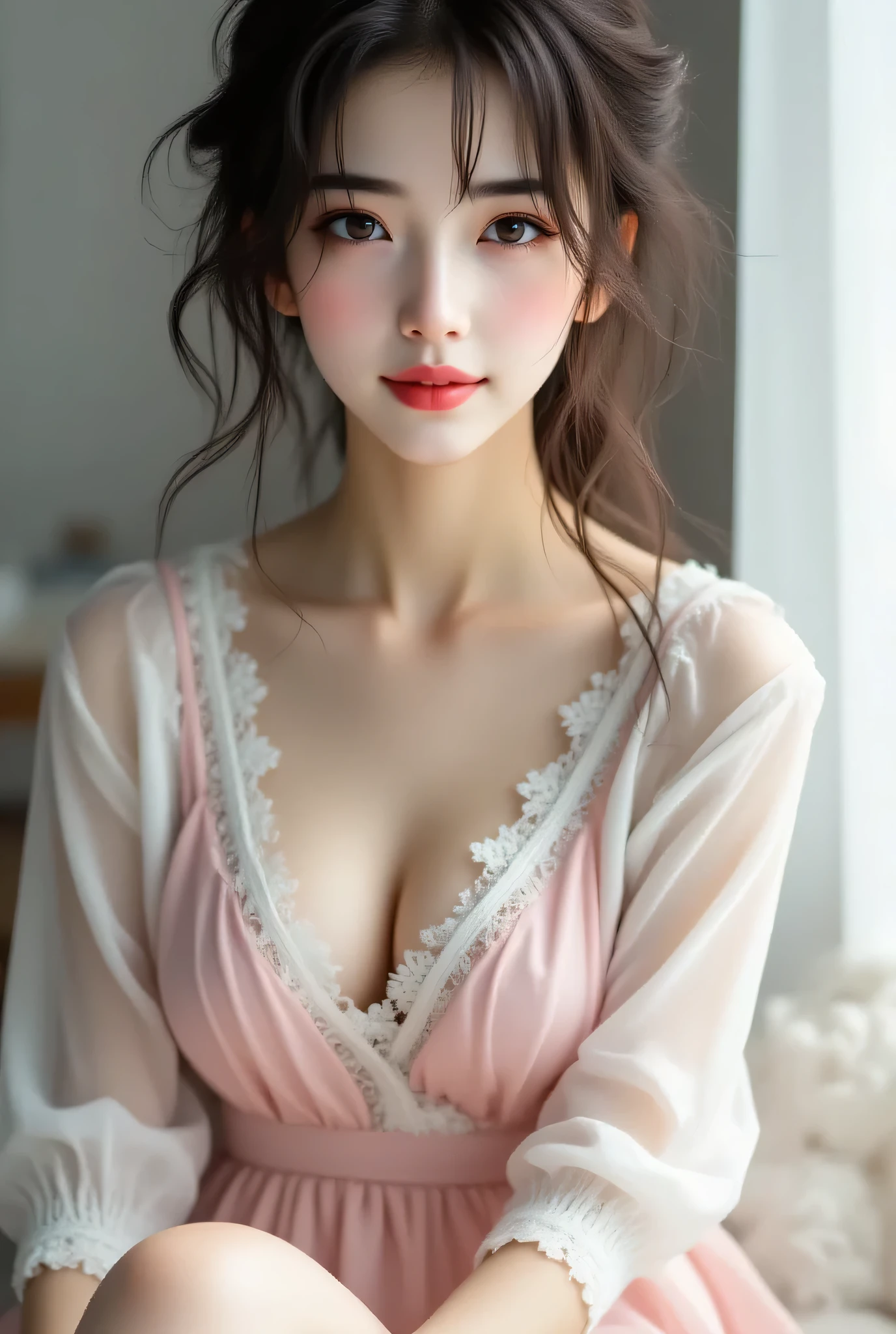 ((Highest Quality、masterpiece、high sensitivity、high resolution、detailed description、Delicate Facial Expression、Fvalue:6.0))、((slender woman))、advanced digital art、white lace blouse、Tulle Skirt、Put your laptop on your lap、long legs、pink dress with open chest、happy smile、