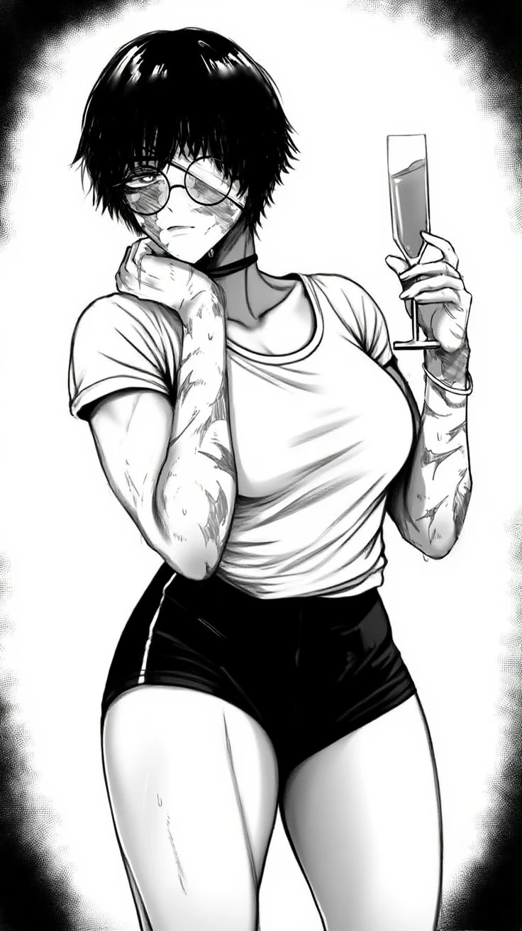 (monochrome):1.9, (greyscale):1.9 (1girl, adult, 26 years old, tall, petite, full body, ginger, (((small breasts))):1.9, (messy hair), black eyeliner, black eyeshadow, black lipstick, gothic background, ,prominent strong freckles, full body freckles, freckles on cheeks, freckles on nose, freckles on shoulders, freckles on chest, freckles on arms, freckles on stomach, onyx gemstone necklace, excited expression, sharp focus, plump stomach, detailed stomach, (((! entire_body covered in dark freckles)))), (anime style), <lora:boichi_manga_style_offset:1>, (boichi manga style), action pose, gantz suit, holding katana