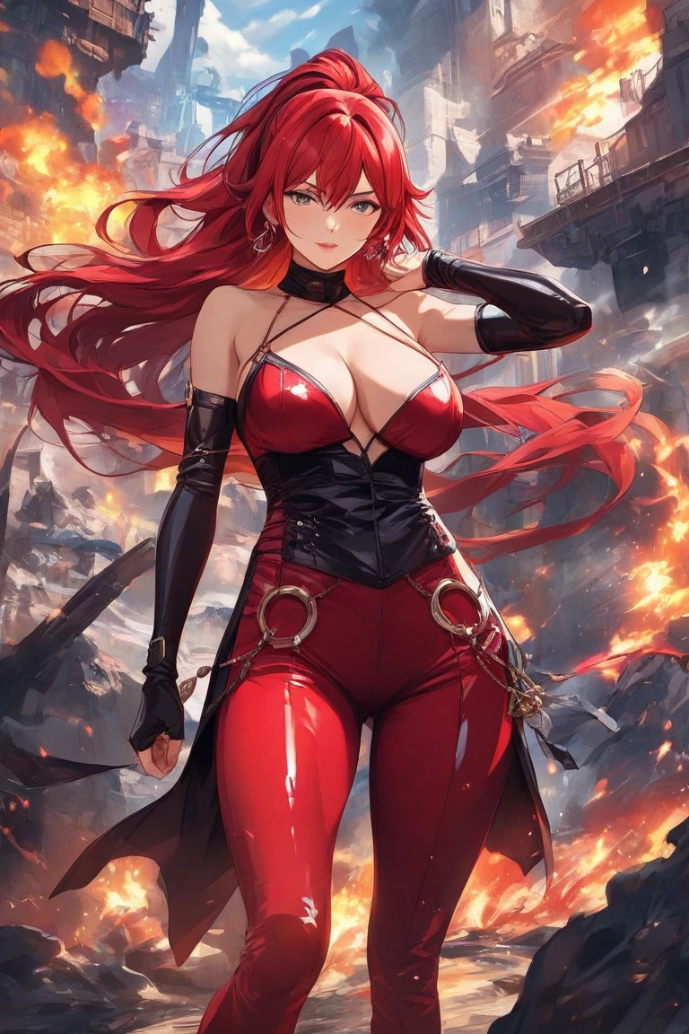 <lora:RedHoodX_XL_V1:0.8> masterpiece, best quality, redhoodx in the style of the legend of zelda: breath of the wild, very long hair, mechanical horns, (realistic:0.1), (anime:0.4), game cg, , unzipped bodysuit, black pants, suspenders, belt, fingerless gloves, asymmetrical legwear, hip vent, midriff, red scarf, (large breasts:0.8), smile, facing viewer, fantasy landscape