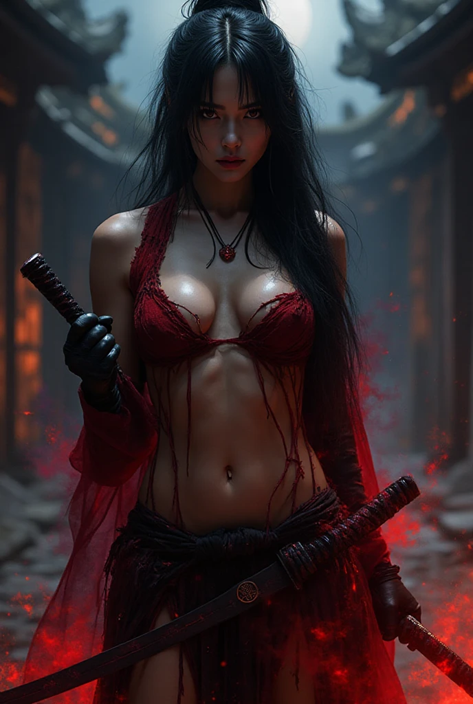 1 girl, ????, beautiful samurai, katana, samurai, muscular abs, navel, fantasy, sensual, cropped corset goth top, mini skirt, beautiful asian goth girl, ????, deep navel, heavy goth makeup, armpit, fighting, sweaty skin, blood, wounded, undead, red blood, horror, goth horror, samurai, near death, injured, tired, goth horror, horror, haunted, dripping blood, blood painted skin, blood all over the place, lay down on ground, wet skin, black eyes, red eyes, eyes hurt, navel pierced, blood in navel, ????, blood dripping, stomach pain, blood in abs, blood on ground
