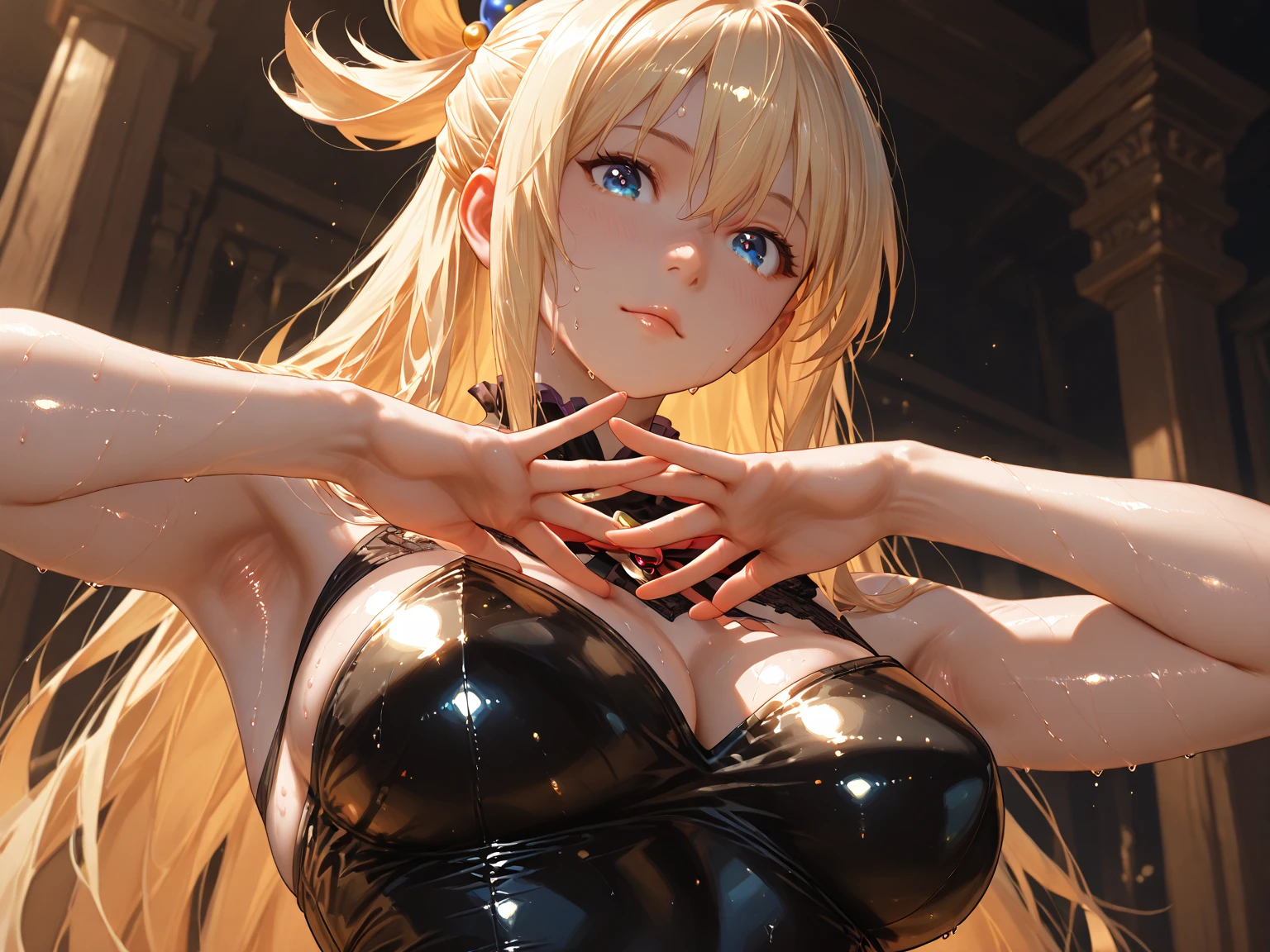 masutepiece, Best Quality, NSFW,Detailed Focus:1.3,1girl in,slender physique, Looking at Viewer, Cute,Photographing a woman from the front,  , (Yellow eyes,  Behind Wallenstein,  Yellow hair, Long hair), (Beautiful detailed eyes, detailed armpit,Detailed ),embarrassed,(is crying:1.15),((A smile:0.4))、red blush,with arms up,Armpit,full of sweat,(((Close-up on the face:1.2))),Silk dress,Late night public toilet background, ((mistress, Authority)),