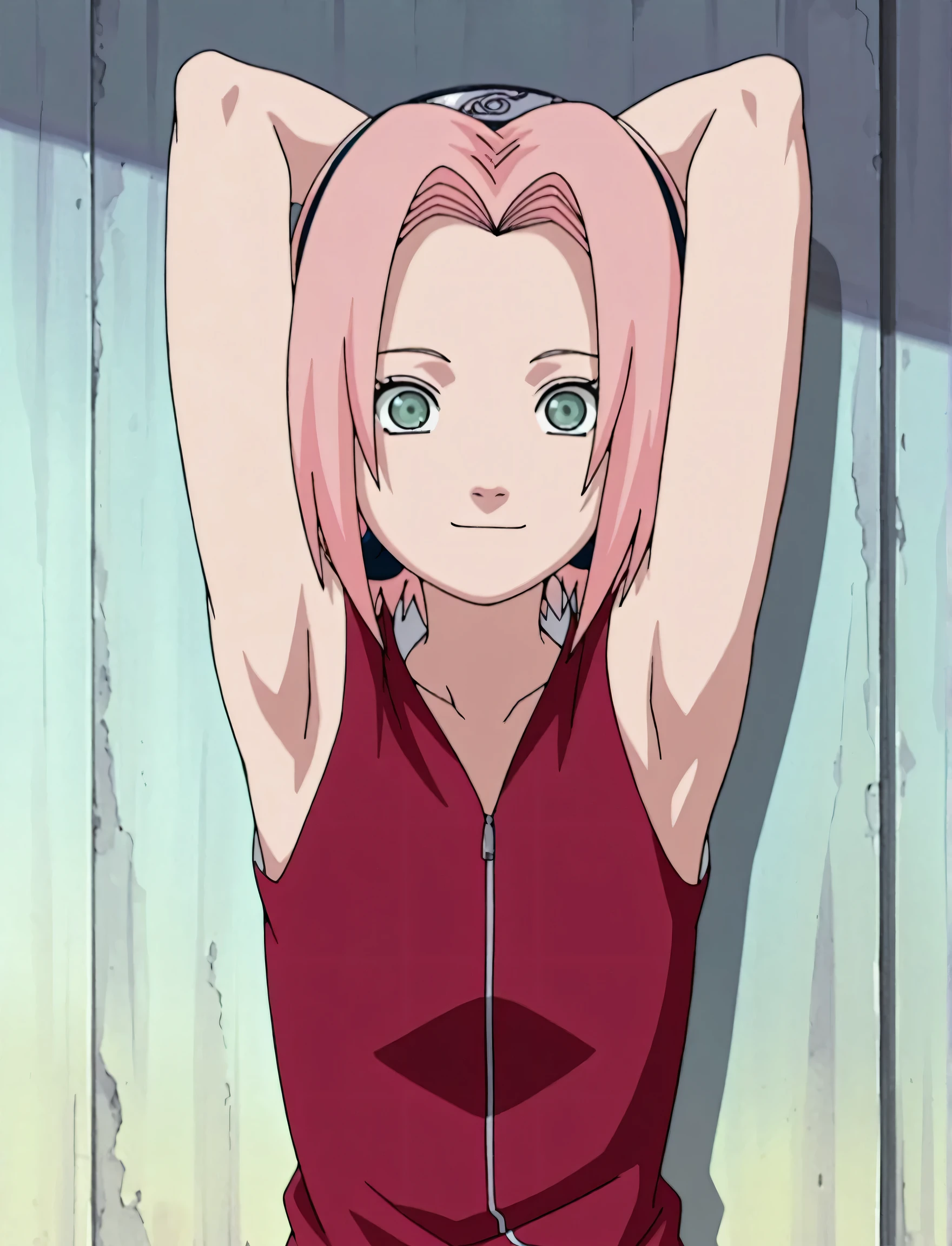 masterpiece, best quality, amazing quality, anime screencap, anime coloring, 1girl, solo, haruno sakura, flat chest, pink hair, short hair, green eyes, red shirt, red qipao, zipper, sleeveless, arms behind head, armpits, armpits focus, head towards viewer, looking at viewer, light smile, closed mouth, outdoors, day, against the wall