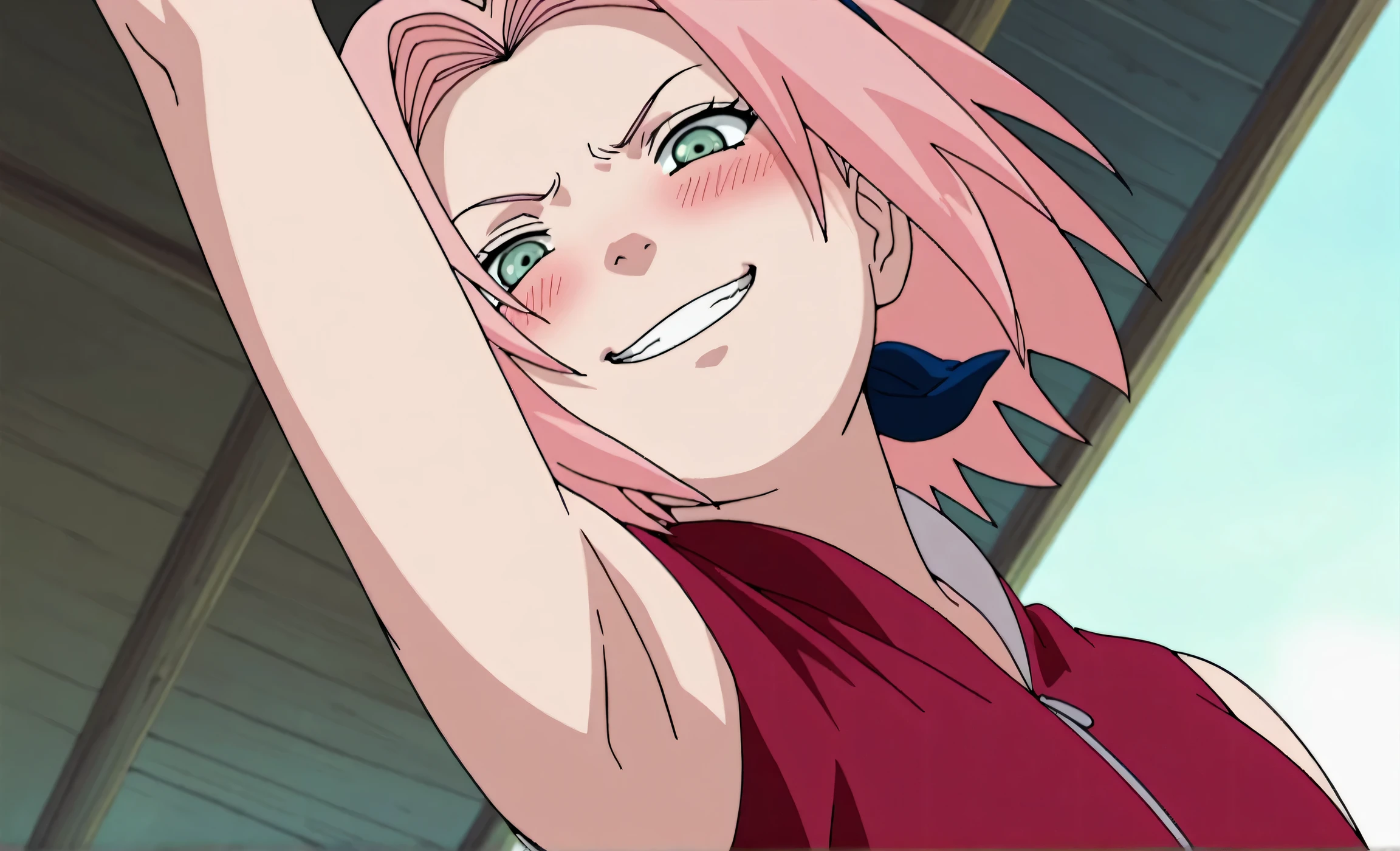 masterpiece, best quality, amazing quality, anime screencap, anime coloring, 1girl, solo, haruno sakura, flat chest, pink hair, short hair, green eyes, red shirt, red qipao, sleeveless, arm up, raised arm, armpit, armpit focus, head towards viewer, looking at viewer, evil smile, blush, angry, grin, teeth, half-closed eyes, outdoors, day, from side, from below, armpit up close, close-up of armpit