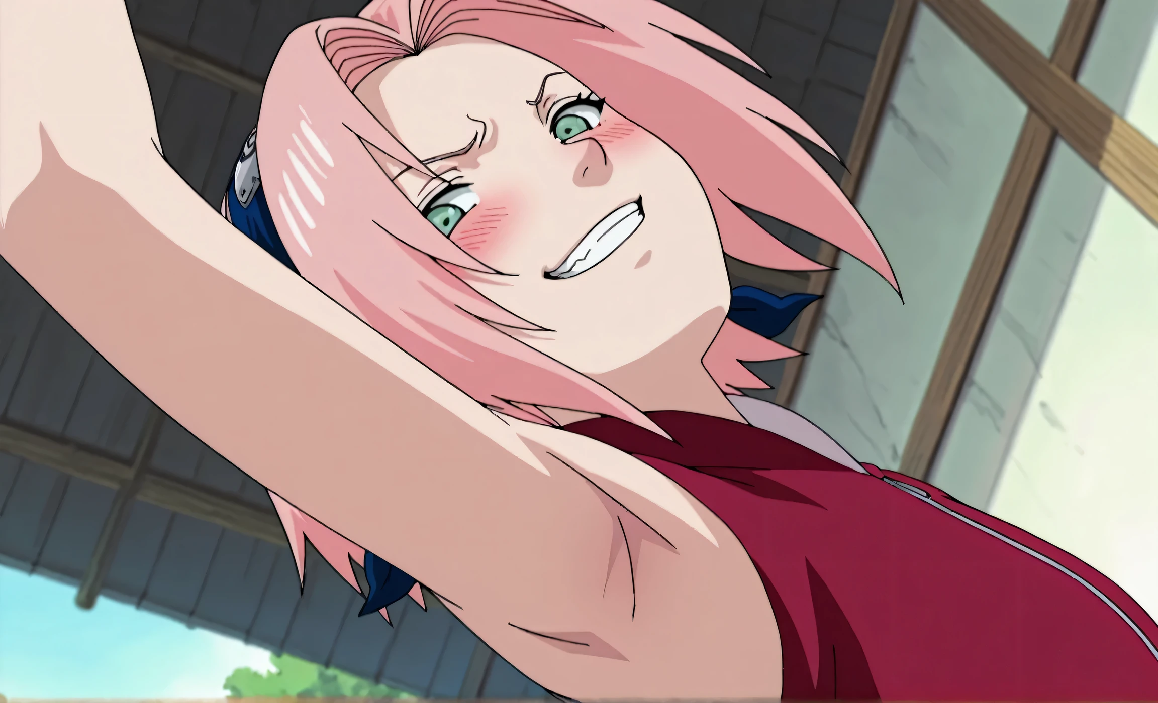masterpiece, best quality, amazing quality, anime screencap, anime coloring, 1girl, solo, haruno sakura, flat chest, pink hair, short hair, green eyes, red shirt, red qipao, sleeveless, arm up, raised arm, armpit, armpit focus, head towards viewer, looking at viewer, evil smile, blush, angry, grin, teeth, half-closed eyes, outdoors, day, from side, from below, armpit up close, close-up of armpit
