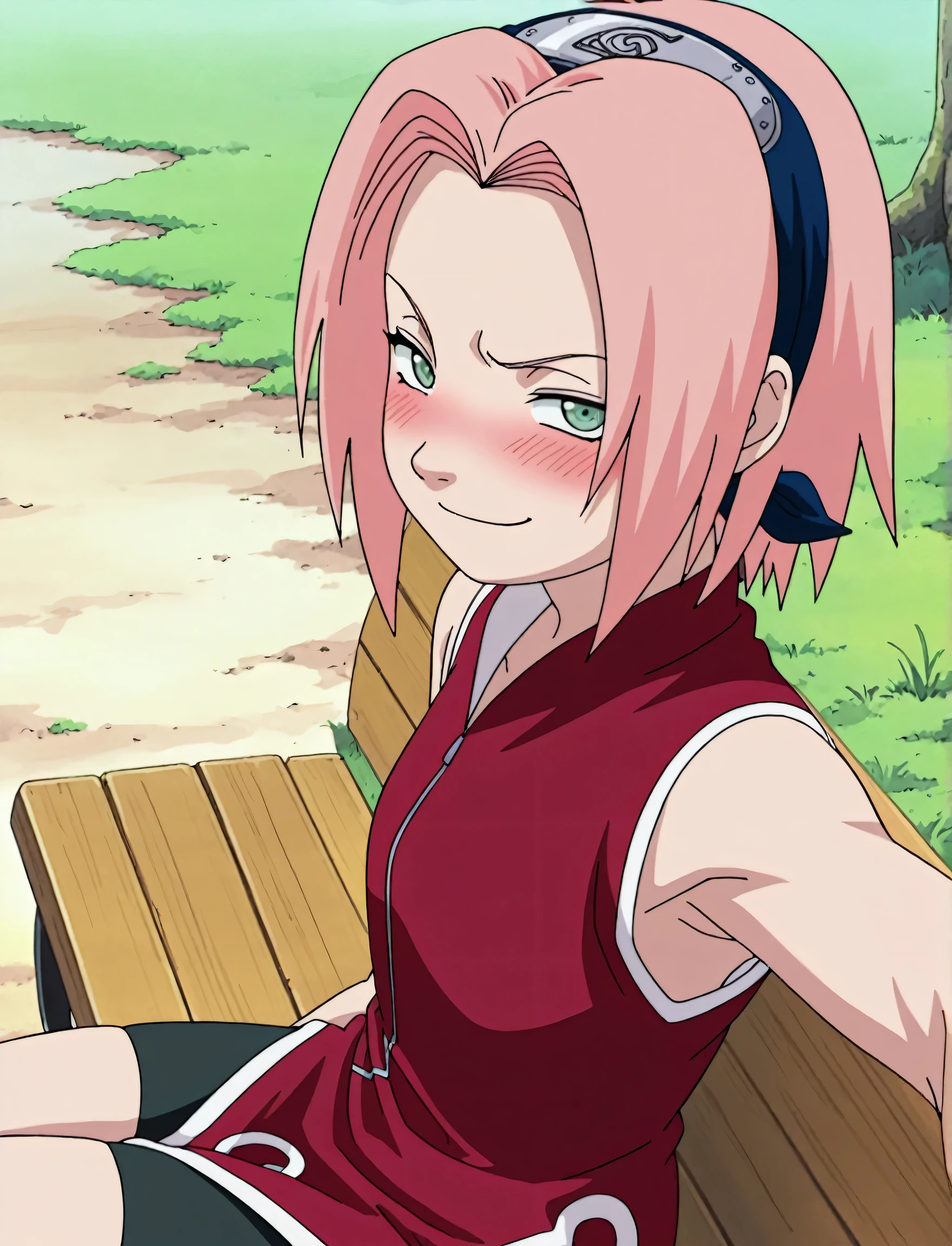 masterpiece, best quality, amazing quality, anime screencap, anime coloring, 1girl, solo, haruno sakura, flat chest, pink hair, short hair, green eyes, red shirt, red qipao, sleeveless, armpit, armpit focus, head towards viewer, looking at viewer, evil smile, blush, angry, smug, half-closed eyes, closed mouth, outdoors, day, from side, fro above, sitting on a bench, bike shorts