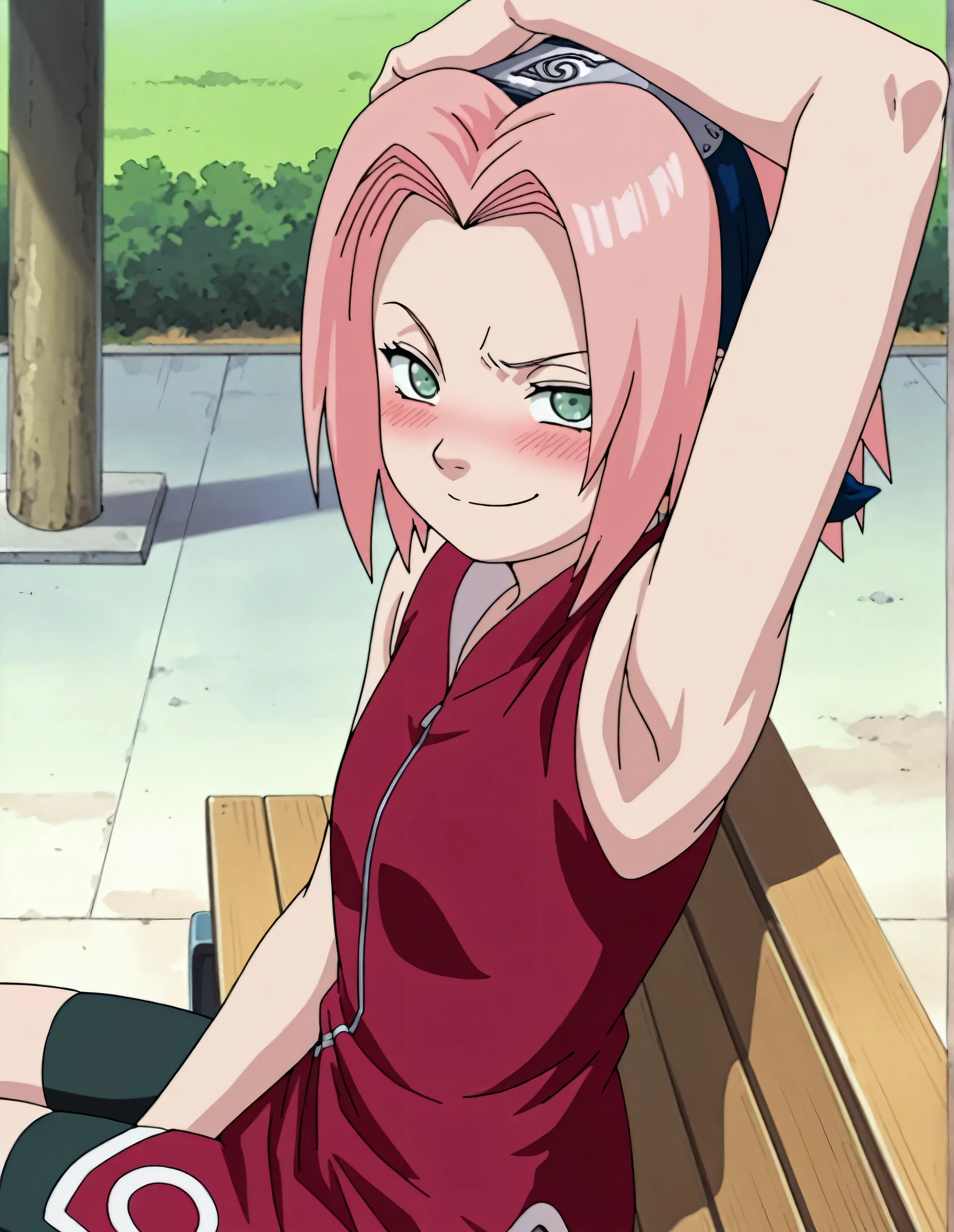 masterpiece, best quality, amazing quality, anime screencap, anime coloring, 1girl, solo, haruno sakura, flat chest, pink hair, short hair, green eyes, red shirt, red qipao, sleeveless, arm on own head, armpit, armpit focus, head towards viewer, looking at viewer, evil smile, blush, angry, smug, half-closed eyes, closed mouth, outdoors, day, from side, fro above, sitting on a bench, bike shorts