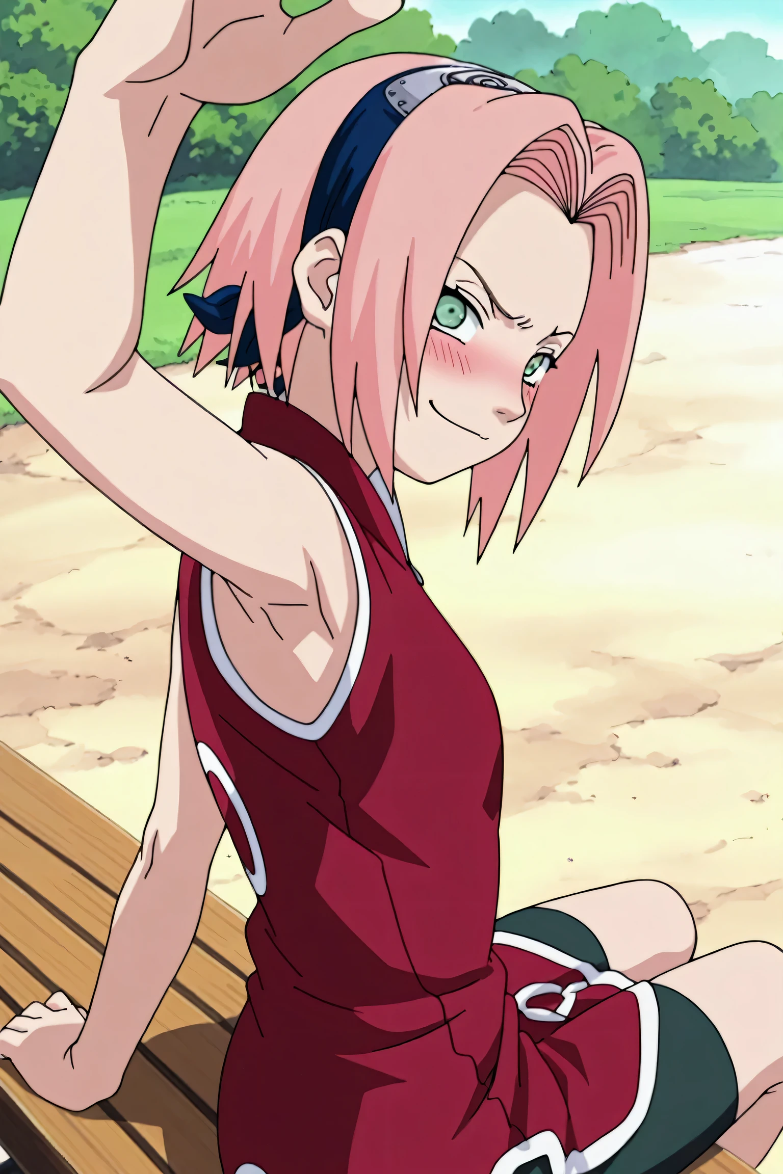 masterpiece, best quality, amazing quality, anime screencap, anime coloring, 1girl, solo, haruno sakura, flat chest, pink hair, short hair, green eyes, red shirt, red qipao, sleeveless, arm up, raised arm, armpit, armpit focus, head towards viewer, looking at viewer, evil smile, blush, angry, smug, half-closed eyes, closed mouth, outdoors, day, from side, from behind, sitting on a bench, bike shorts