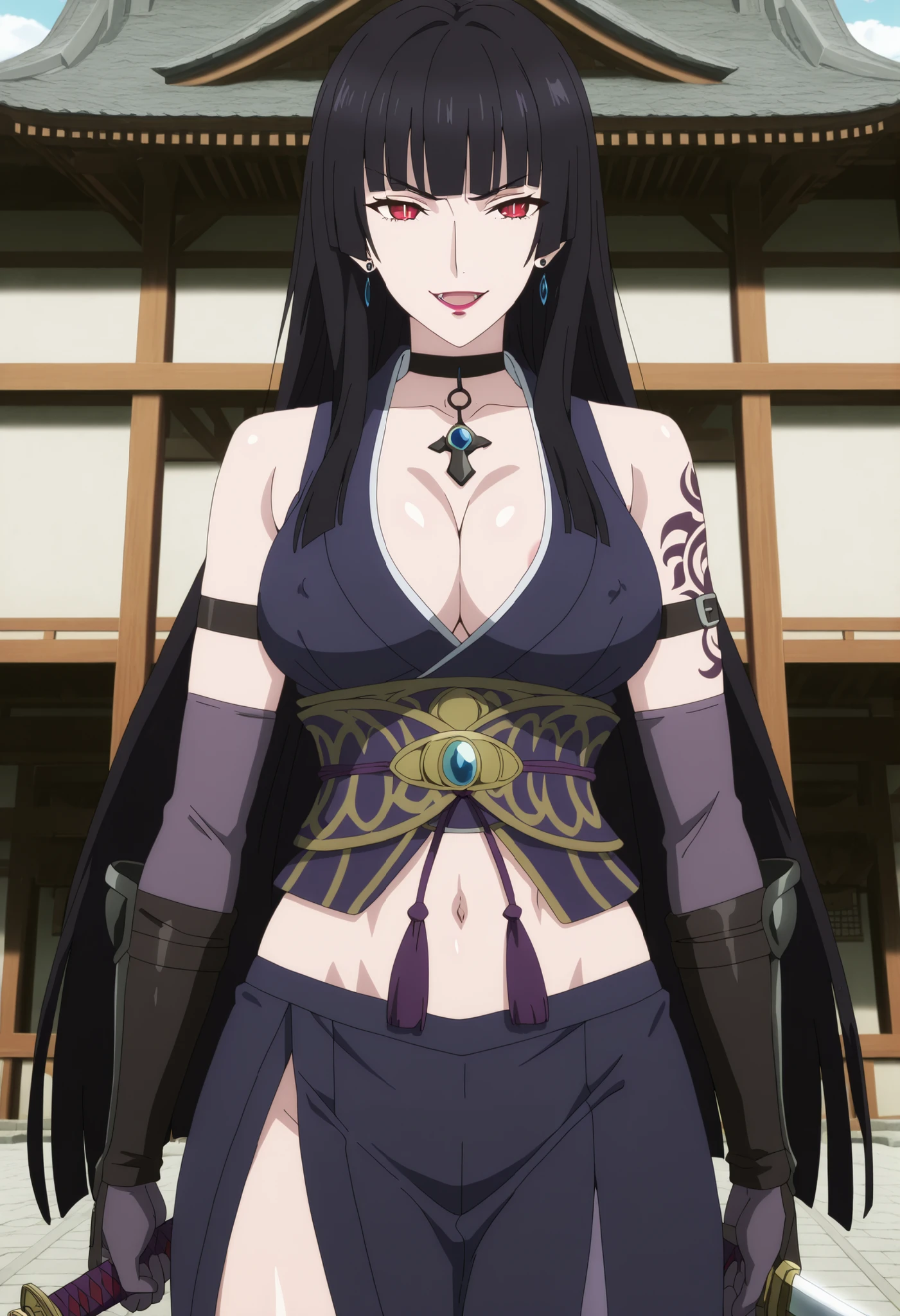 glass, long hair, bangs, black hair, blunt bangs, hime cut, red eyes, slit pupils, bright pupils, mature female,, anime screencap, ,ear piercing, long hair, , lipstick, Hot girl, baddie, smoking, sensual, attractive , cross necklace, choker,jewelry, sleeveless kimono,cleavage cutout,,arm strap,,elbow gloves,bridal gauntlets, masterpiece, best quality, highly detailed, a girl in kimono ,holding sword, bare shoulder,, evil smile, open mouth , (nsfw) not safe for work, serious eyes, official artwork,beautiful girl, short kimono pencil skirt,, exposed belly, exposed navel, ,in a palace,exposed midriff, exposed lower belly, outdoor, japanese architecture, temple, nipple slip, milk dripping from nipples, loose fitting kimono, ninja kimono, side slit, , japanese architecture, temple, medium large breasts, dragon tattoo on waist, narrowed eyes, tattoo on waist, anipai_style , anime screencap , anime coloring, v-shape eyebrows,,
