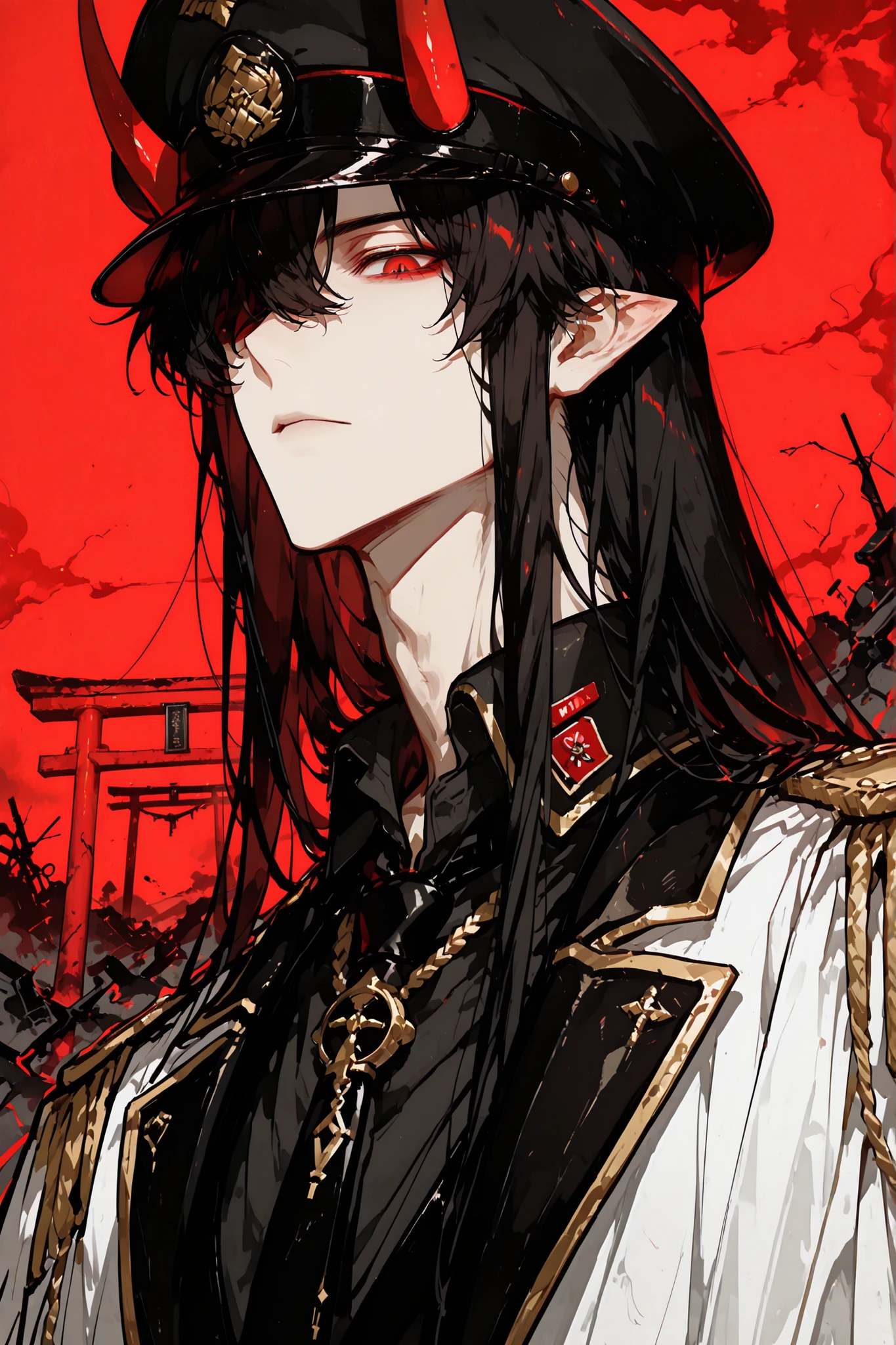masterpiece, best quality, high resolution, very detailed, 2D anime style, close-up portrait, tight framing, head and shoulders, face focus, handsome young man, 26 years old, long silky straight black hair flowing down, bangs partly covering one eye, sharp intelligent red eyes, two short red horns, Oni demon, wearing a Japanese-style military officer uniform, strict design with stand-up collar (tsume-eri), black uniform with gold buttons, epaulettes, medals, red details, peaked military cap, underneath a white dress shirt and black tie, all buttons fully fastened, tightly closed collar, no skin visible, natural healthy skin tone, strong masculine aura, alluring yet cold expression, dramatic angle, background: hellish Japanese ruins, collapsed torii gates, burning red sky