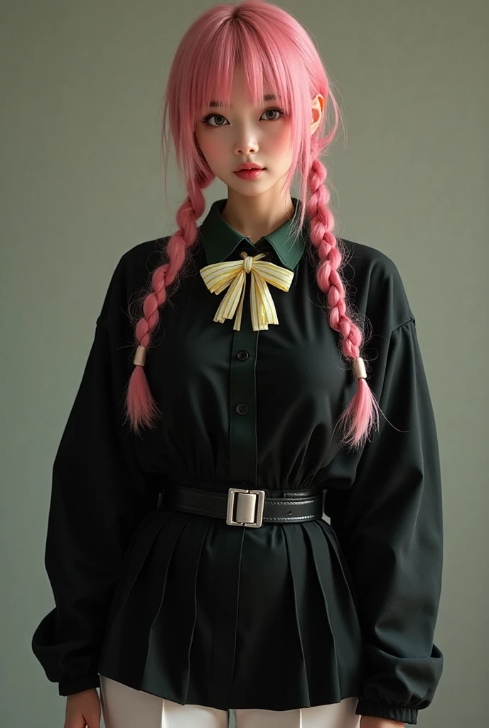 1girl, pink hair, long hair, black hair band, blue eyeballs, Long white shirt wrapped with Japanese Women's Summer Dress, realistic, ultra detail, lensa 70mm