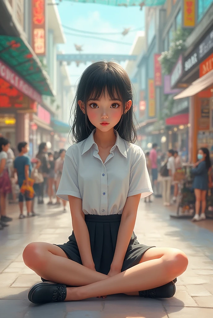 Move your center of gravity back, put your hands in front of both feet, put both feet in the circle of your hands, very embarrassing, no panties, thin legs, tight skirts, knees at 90 degrees, heels on the floor, hands in front of my feet, hugging my legs, kneeling, sidewalk, RAW photos, 8K, highest quality,   ultra-high resolution, beautiful detailed faces, real human skin, soft expressions, frontal vision, bottom angle, long hair, realistic, photorealistic, cute, short skirt, crouched in the background of the city, cute school girl, brazilian student uniform, wearing school uniform, surreal high school girl, full body, --auto --s2